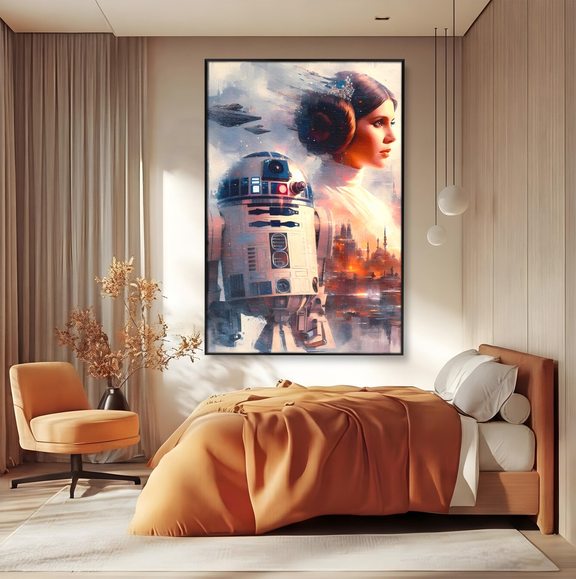 Tablou Canvas Premium LuxCanva® PI1225, Leia, Robot, Personaj, Femeie, Spatiu, Fantezie, Birou, Culori Vibrante