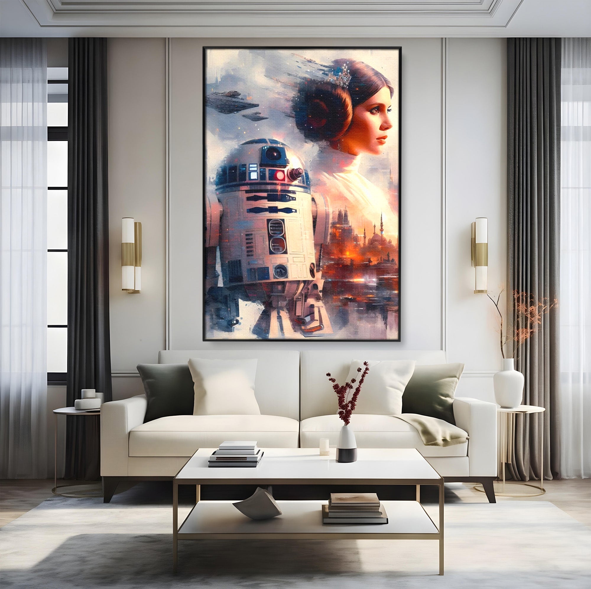 Tablou Canvas Premium LuxCanva® PI1225, Leia, Robot, Personaj, Femeie, Spatiu, Fantezie, Birou, Culori Vibrante