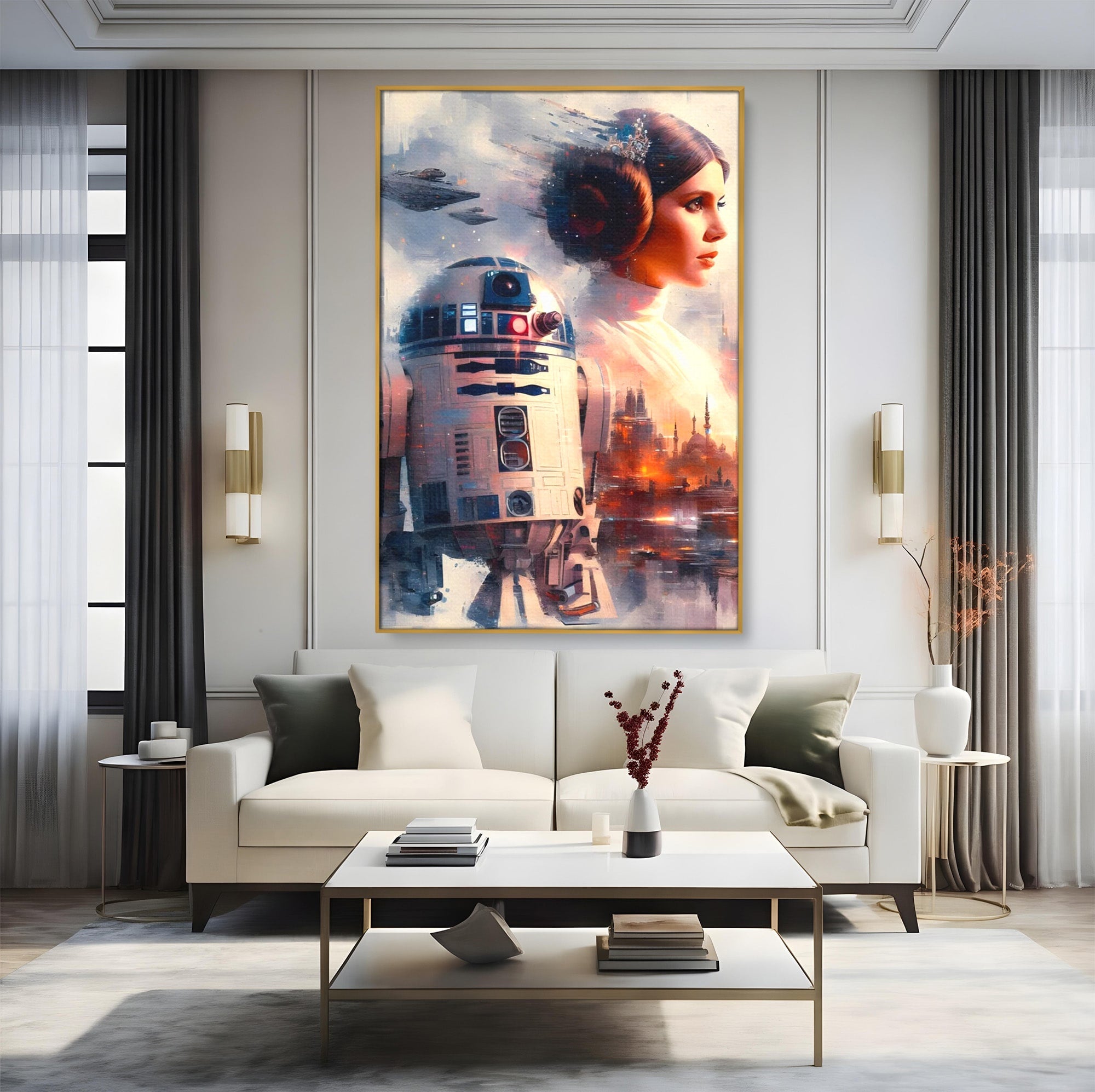 Tablou Canvas Premium LuxCanva® PI1225, Leia, Robot, Personaj, Femeie, Spatiu, Fantezie, Birou, Culori Vibrante