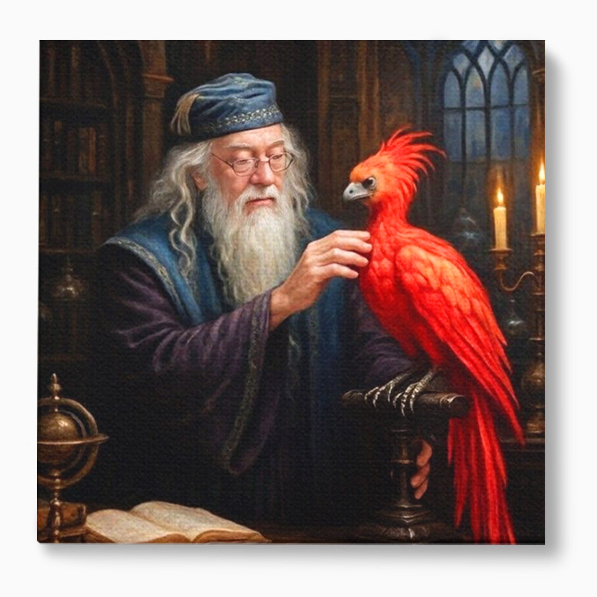 Tablou Canvas Premium LuxCanva® PI1229, Magicianul Si Pasarea De Foc, Magician, Dumbledore, Foc, Fantezie, Birou, Culori Vibrante