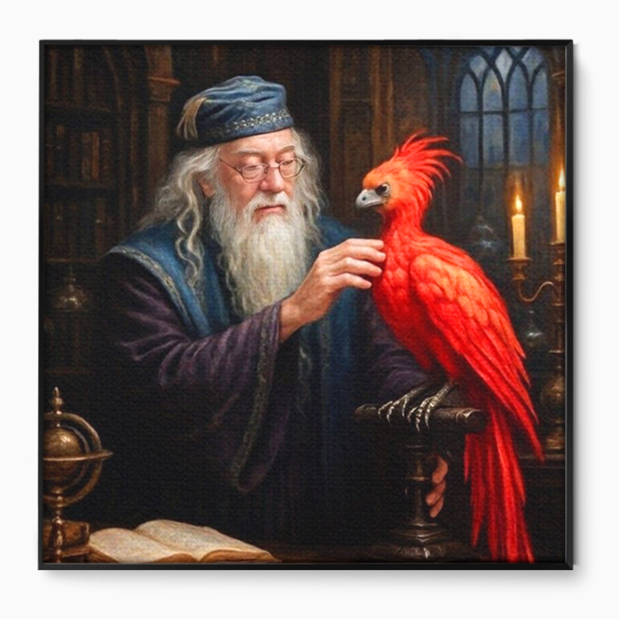 Tablou Canvas Premium LuxCanva® PI1229, Magicianul Si Pasarea De Foc, Magician, Dumbledore, Foc, Fantezie, Birou, Culori Vibrante