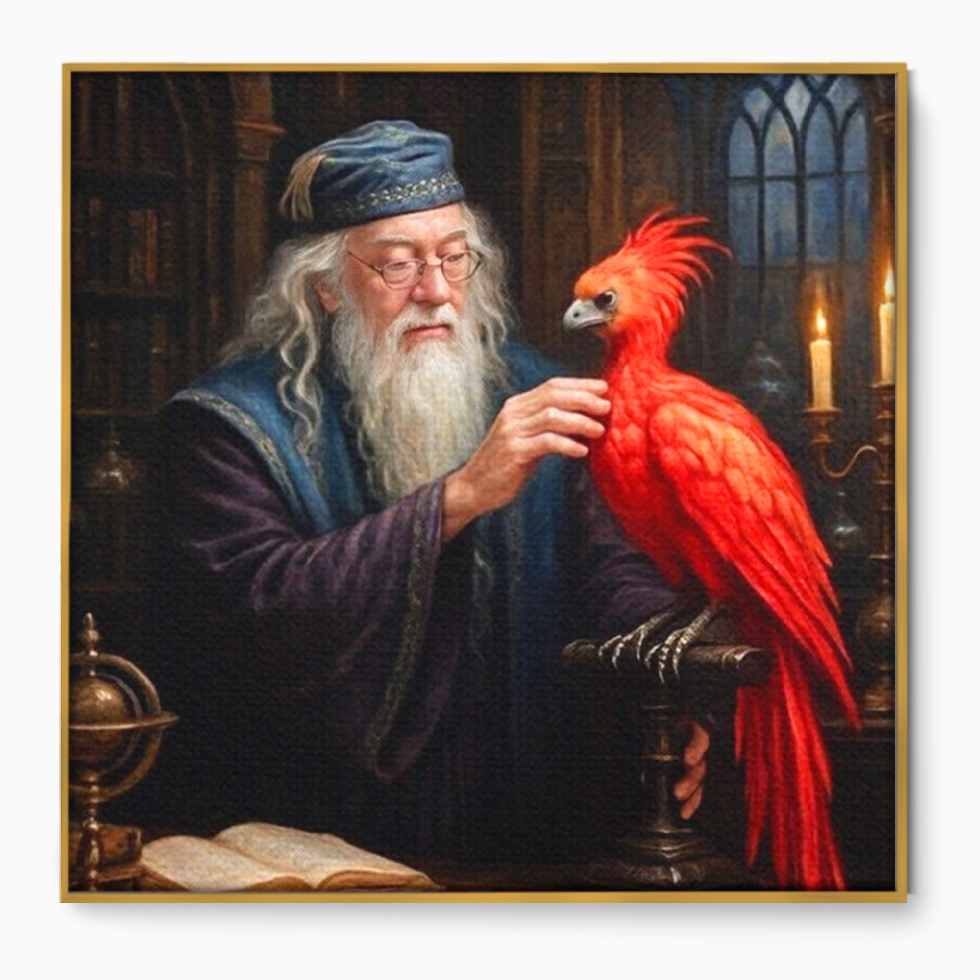 Tablou Canvas Premium LuxCanva® PI1229, Magicianul Si Pasarea De Foc, Magician, Dumbledore, Foc, Fantezie, Birou, Culori Vibrante
