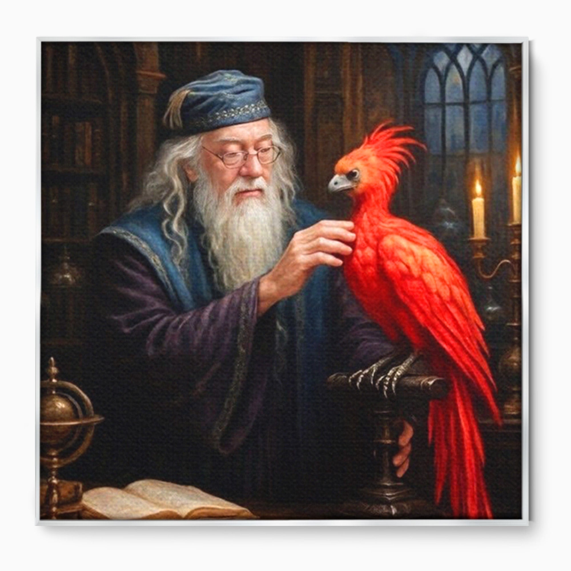 Tablou Canvas Premium LuxCanva® PI1229, Magicianul Si Pasarea De Foc, Magician, Dumbledore, Foc, Fantezie, Birou, Culori Vibrante