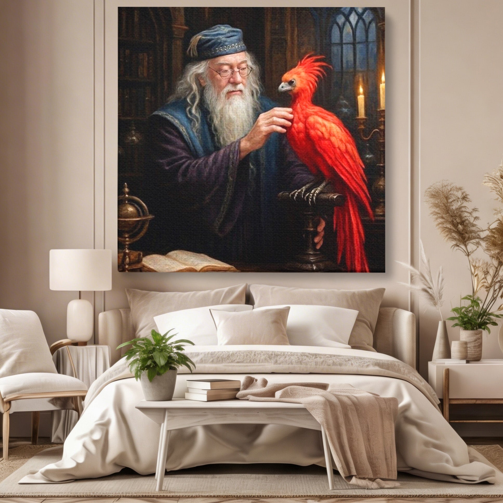 Tablou Canvas Premium LuxCanva® PI1229, Magicianul Si Pasarea De Foc, Magician, Dumbledore, Foc, Fantezie, Birou, Culori Vibrante