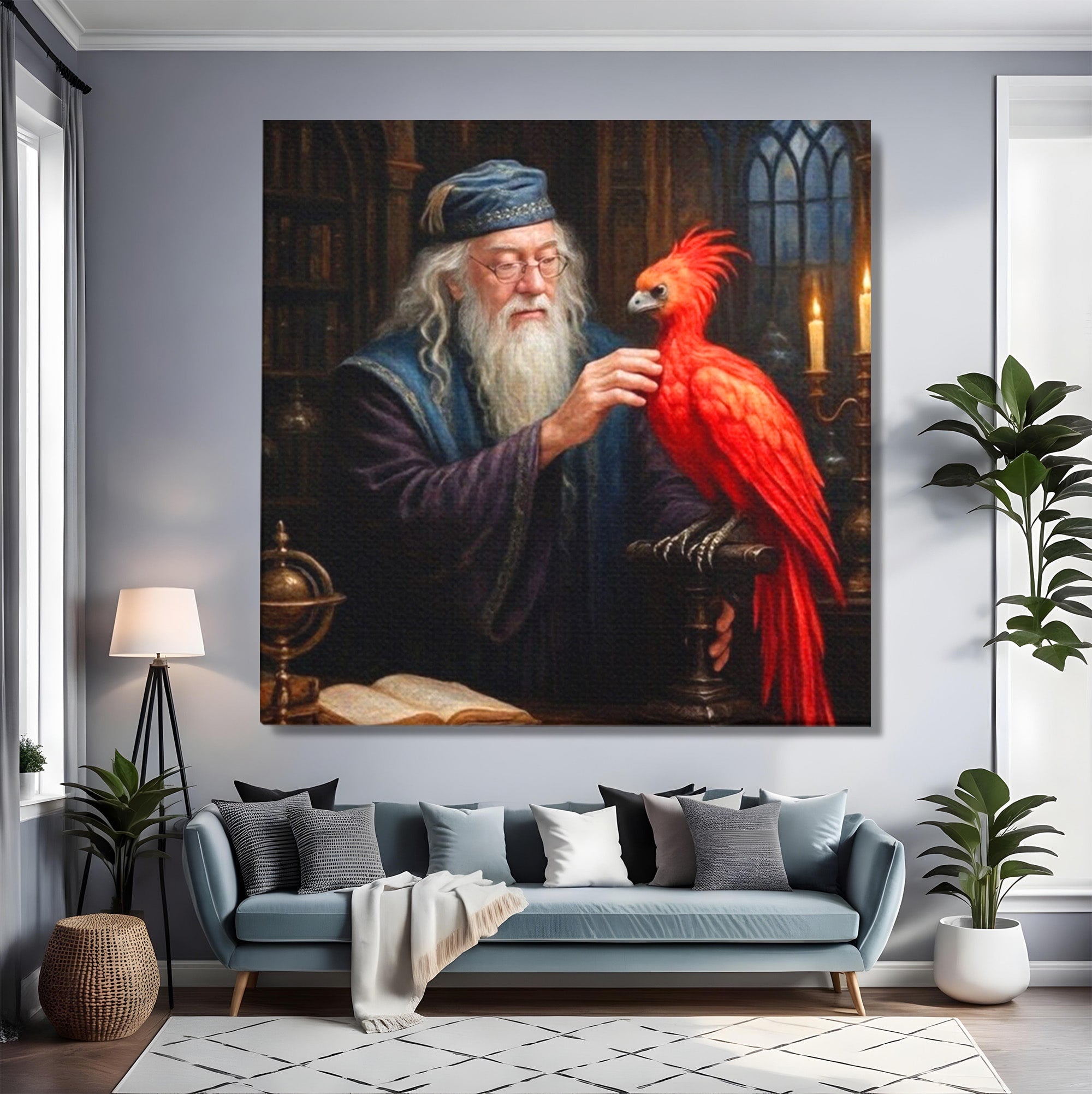 Tablou Canvas Premium LuxCanva® PI1229, Magicianul Si Pasarea De Foc, Magician, Dumbledore, Foc, Fantezie, Birou, Culori Vibrante