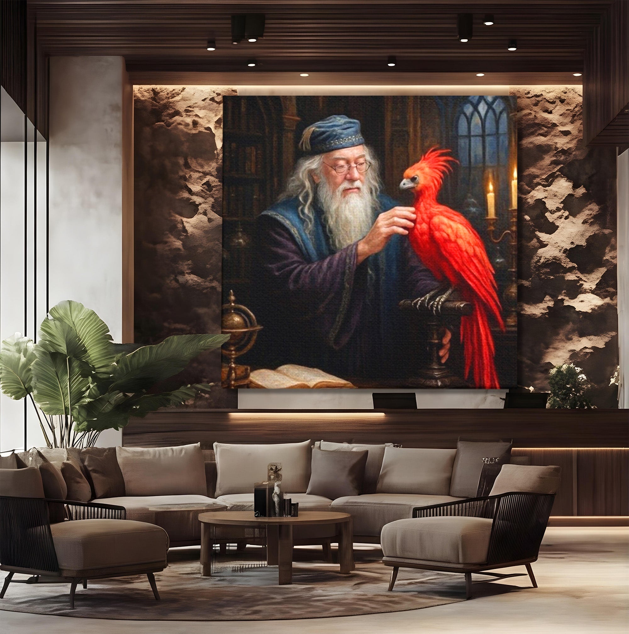 Tablou Canvas Premium LuxCanva® PI1229, Magicianul Si Pasarea De Foc, Magician, Dumbledore, Foc, Fantezie, Birou, Culori Vibrante