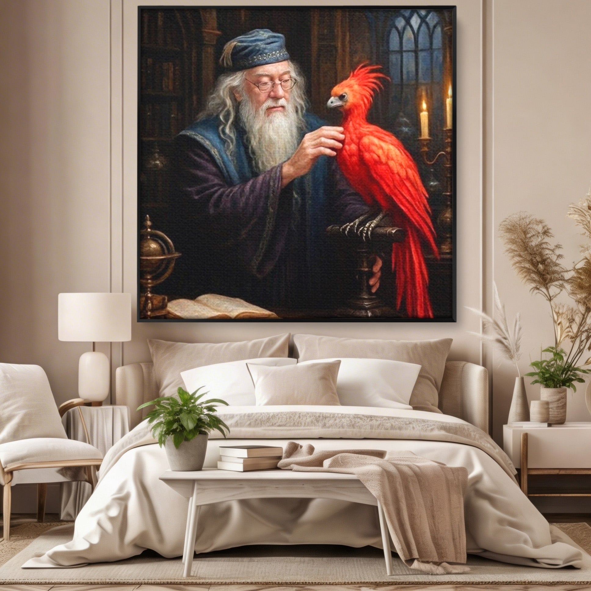 Tablou Canvas Premium LuxCanva® PI1229, Magicianul Si Pasarea De Foc, Magician, Dumbledore, Foc, Fantezie, Birou, Culori Vibrante