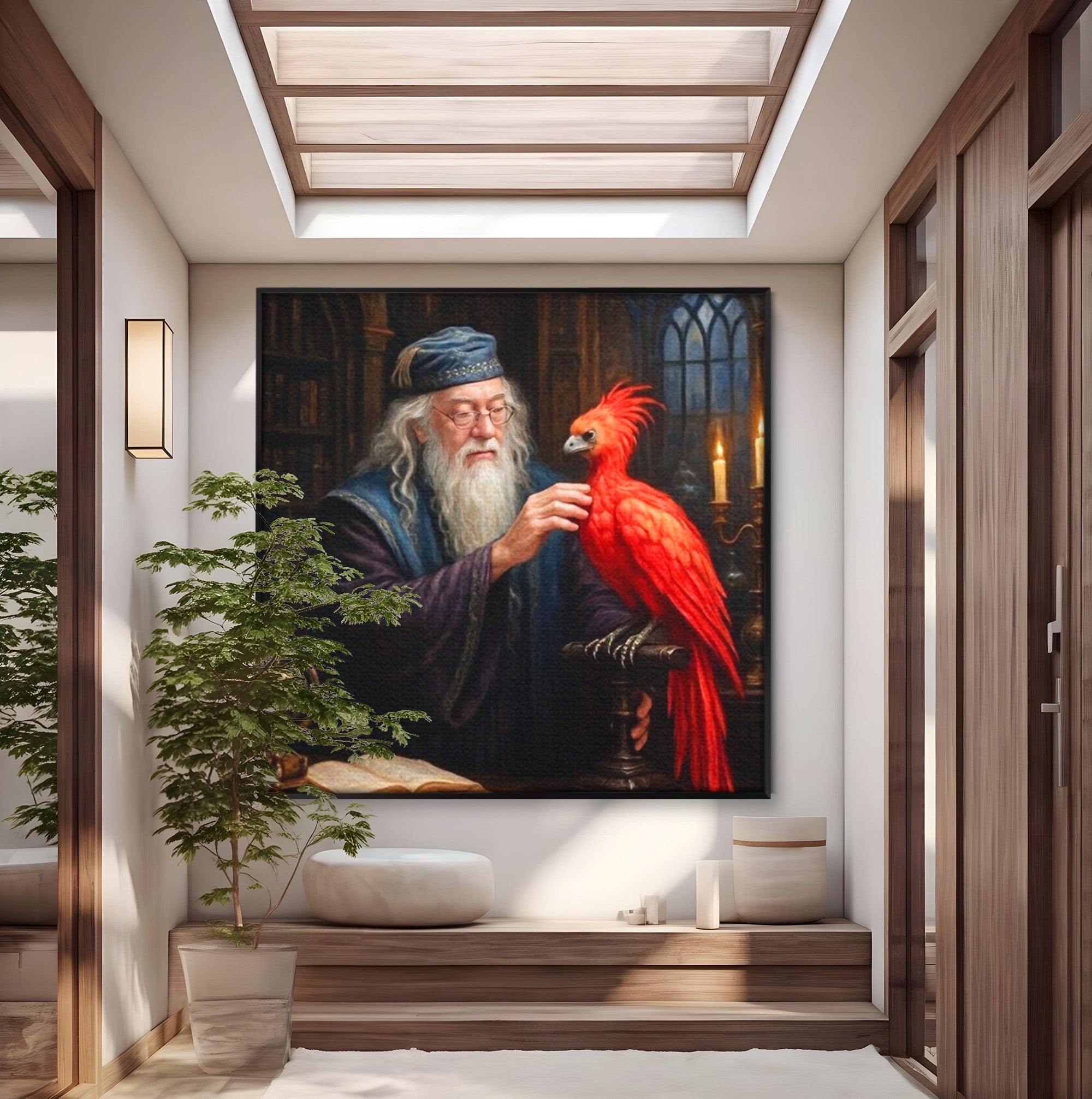 Tablou Canvas Premium LuxCanva® PI1229, Magicianul Si Pasarea De Foc, Magician, Dumbledore, Foc, Fantezie, Birou, Culori Vibrante