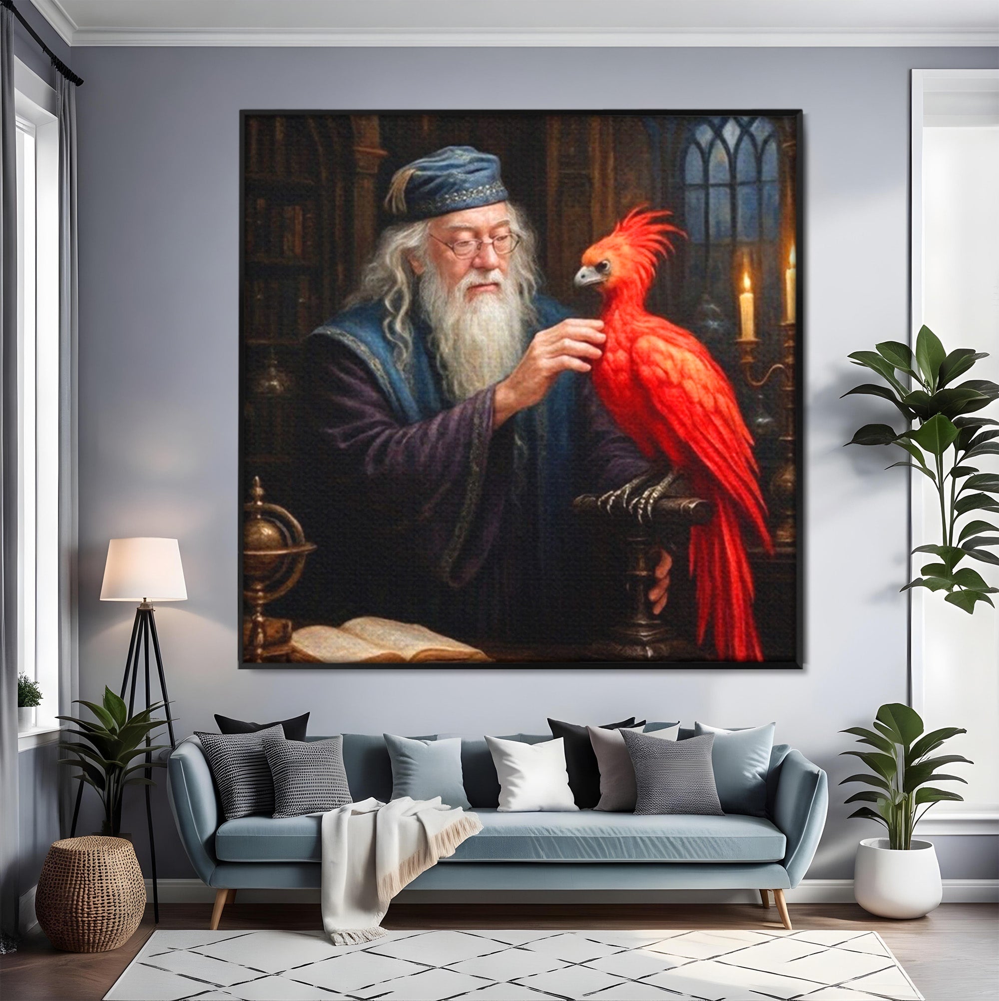 Tablou Canvas Premium LuxCanva® PI1229, Magicianul Si Pasarea De Foc, Magician, Dumbledore, Foc, Fantezie, Birou, Culori Vibrante