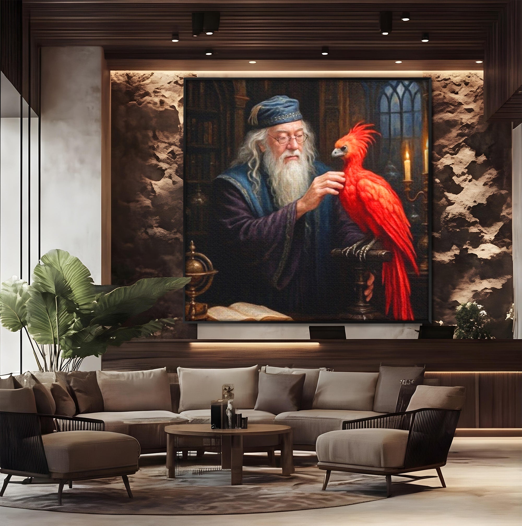 Tablou Canvas Premium LuxCanva® PI1229, Magicianul Si Pasarea De Foc, Magician, Dumbledore, Foc, Fantezie, Birou, Culori Vibrante