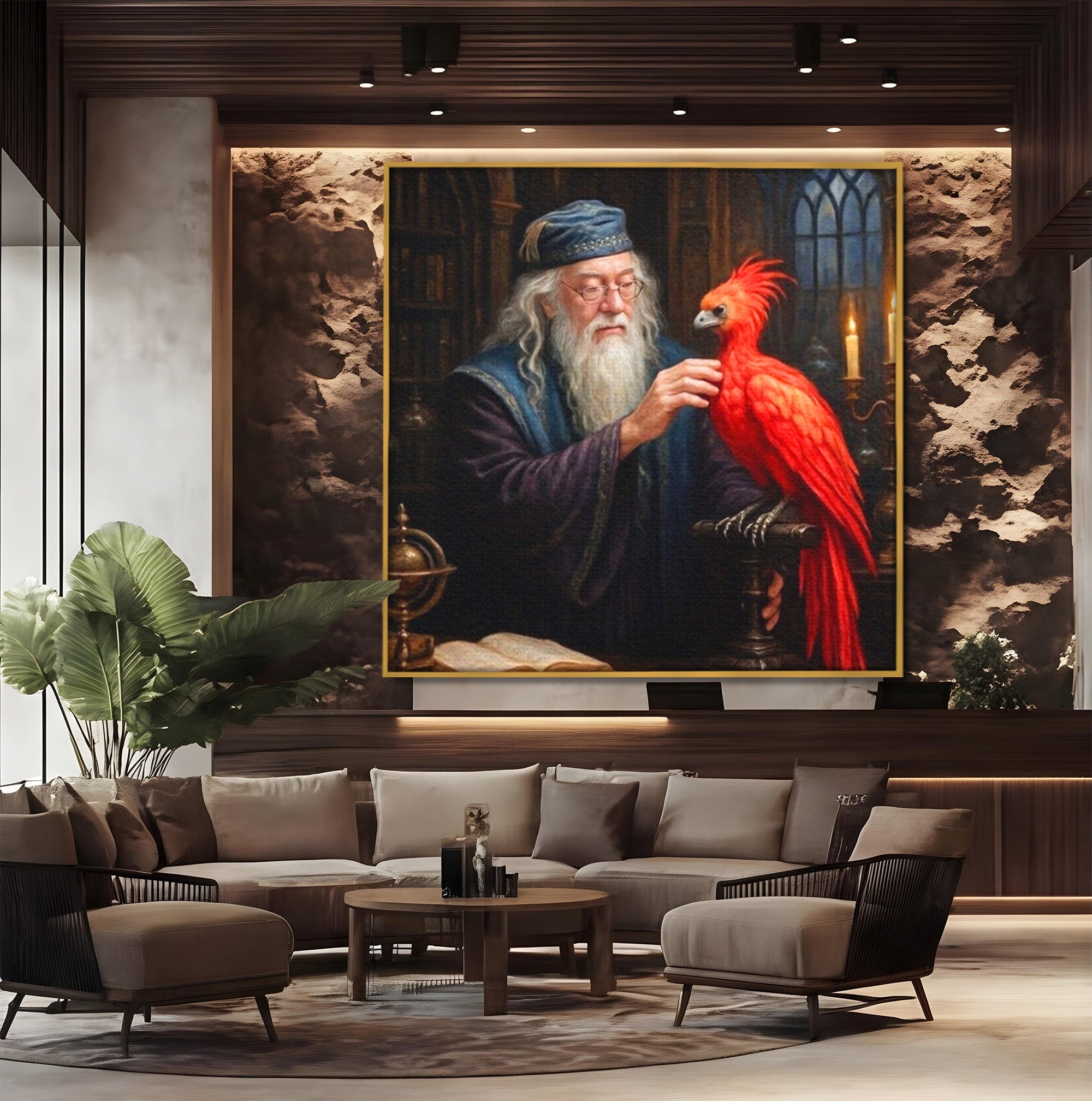 Tablou Canvas Premium LuxCanva® PI1229, Magicianul Si Pasarea De Foc, Magician, Dumbledore, Foc, Fantezie, Birou, Culori Vibrante