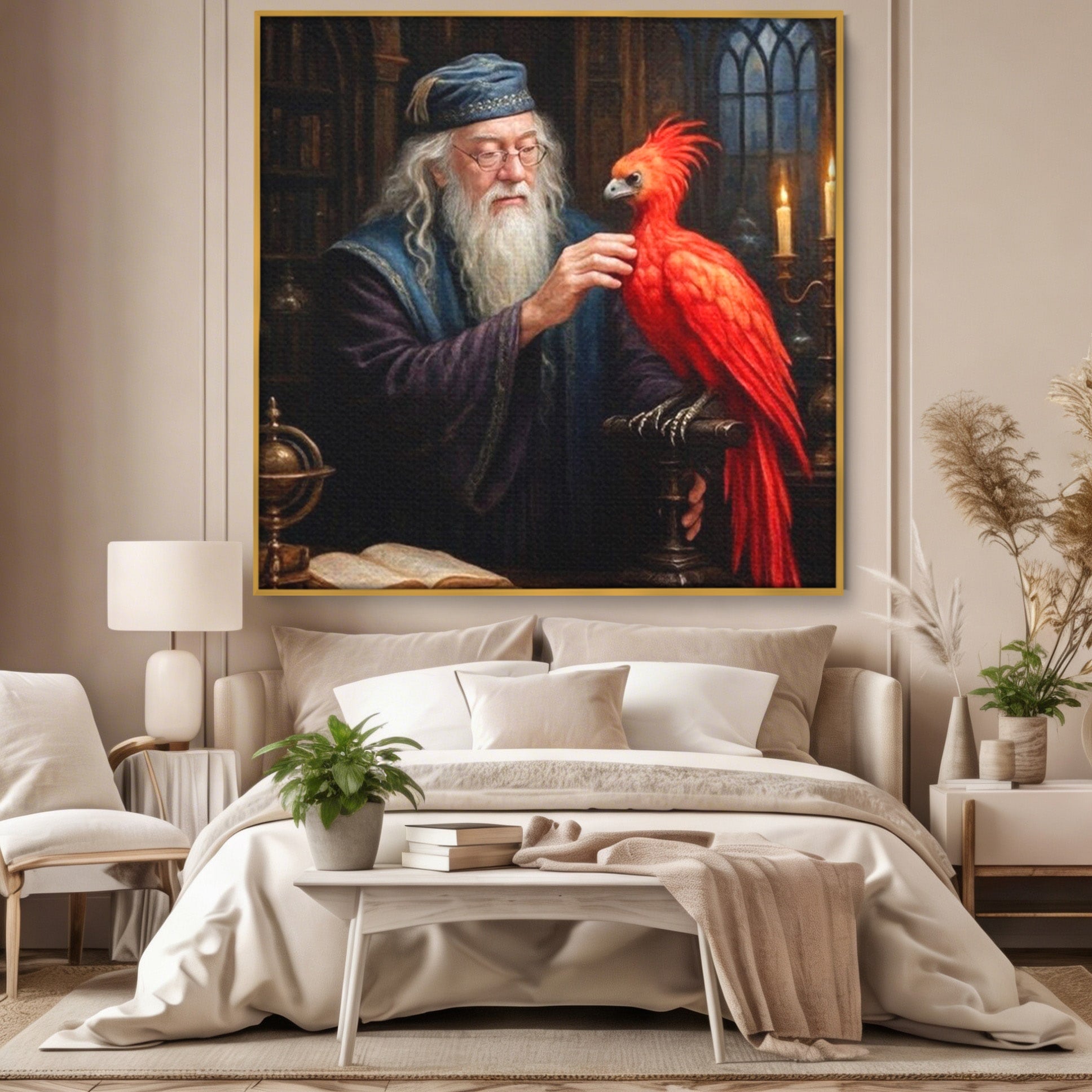 Tablou Canvas Premium LuxCanva® PI1229, Magicianul Si Pasarea De Foc, Magician, Dumbledore, Foc, Fantezie, Birou, Culori Vibrante