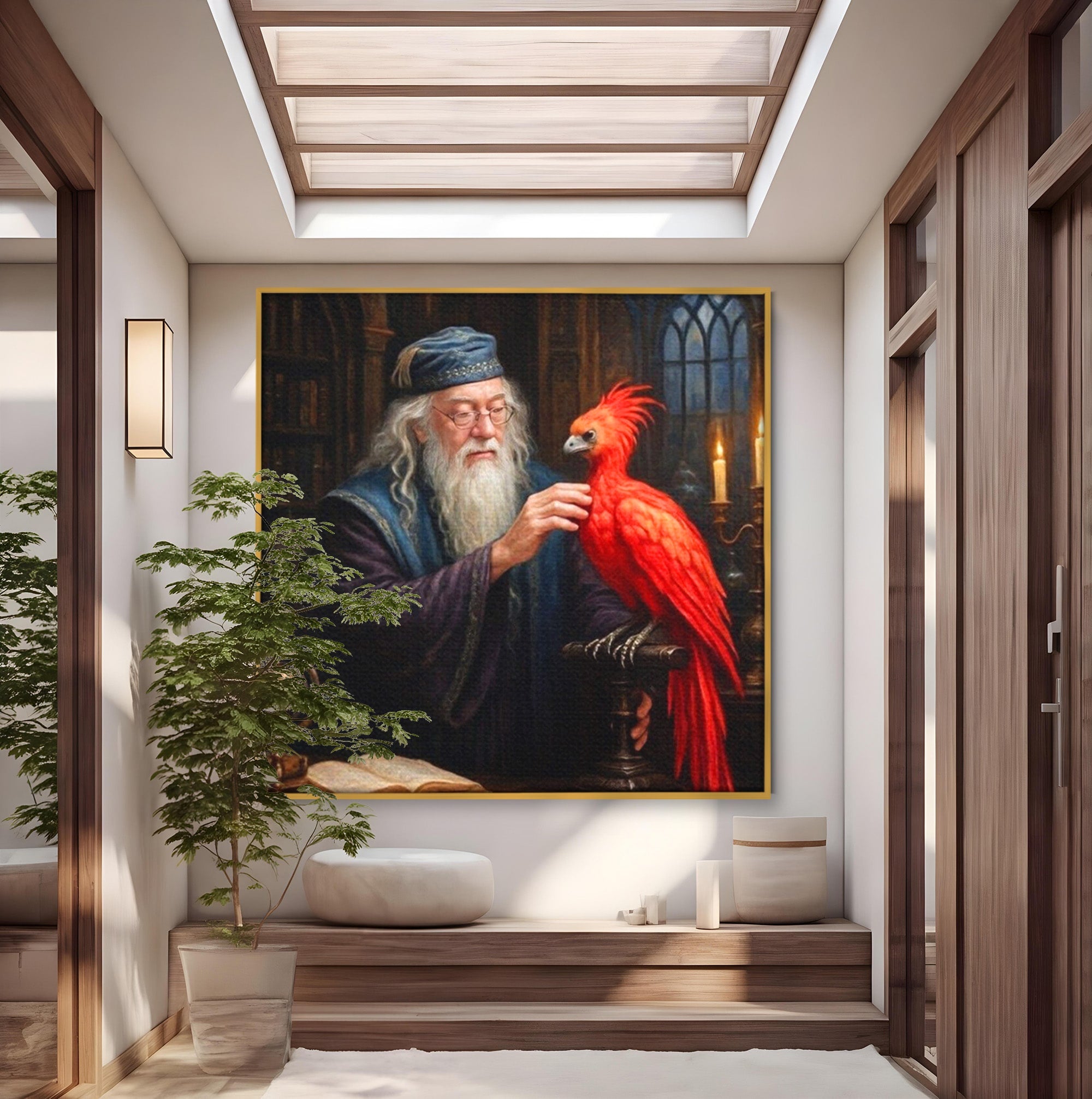 Tablou Canvas Premium LuxCanva® PI1229, Magicianul Si Pasarea De Foc, Magician, Dumbledore, Foc, Fantezie, Birou, Culori Vibrante