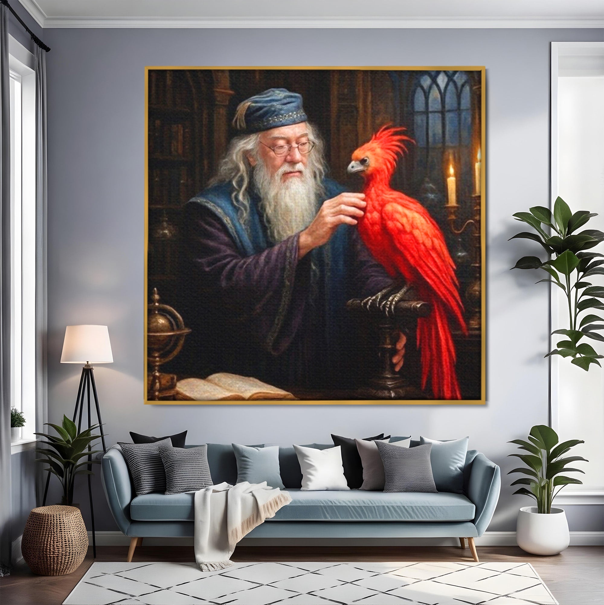 Tablou Canvas Premium LuxCanva® PI1229, Magicianul Si Pasarea De Foc, Magician, Dumbledore, Foc, Fantezie, Birou, Culori Vibrante