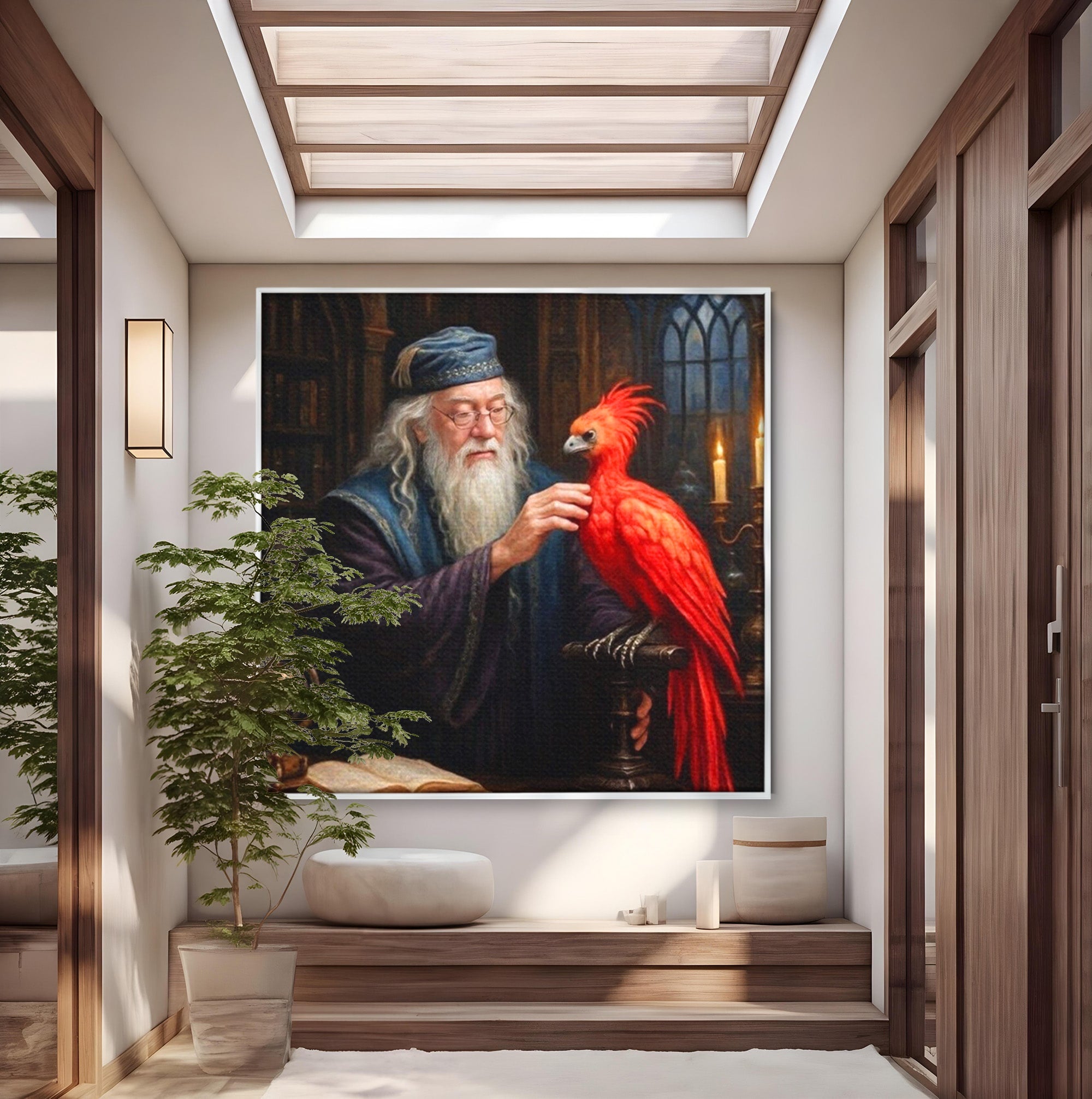 Tablou Canvas Premium LuxCanva® PI1229, Magicianul Si Pasarea De Foc, Magician, Dumbledore, Foc, Fantezie, Birou, Culori Vibrante