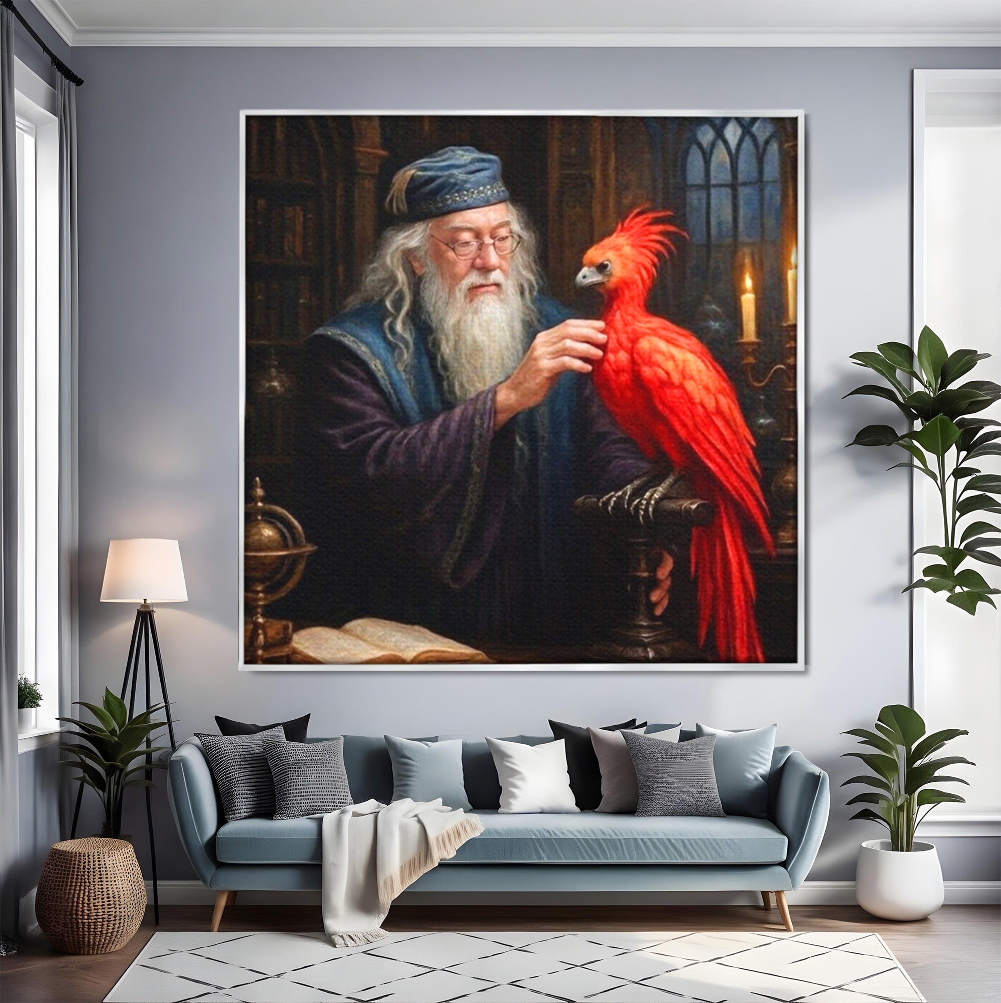 Tablou Canvas Premium LuxCanva® PI1229, Magicianul Si Pasarea De Foc, Magician, Dumbledore, Foc, Fantezie, Birou, Culori Vibrante