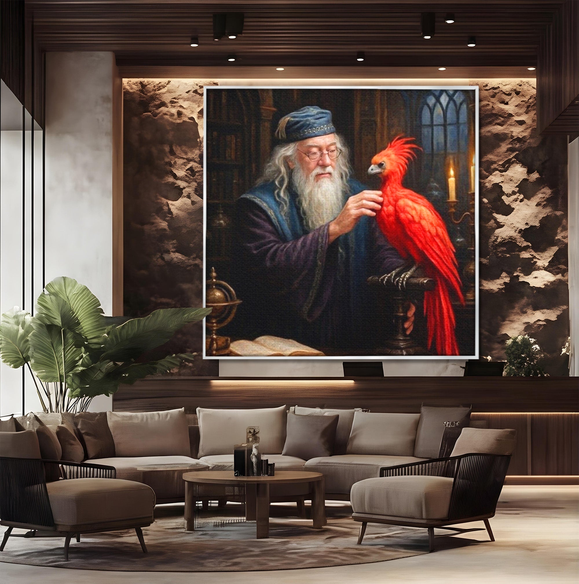 Tablou Canvas Premium LuxCanva® PI1229, Magicianul Si Pasarea De Foc, Magician, Dumbledore, Foc, Fantezie, Birou, Culori Vibrante