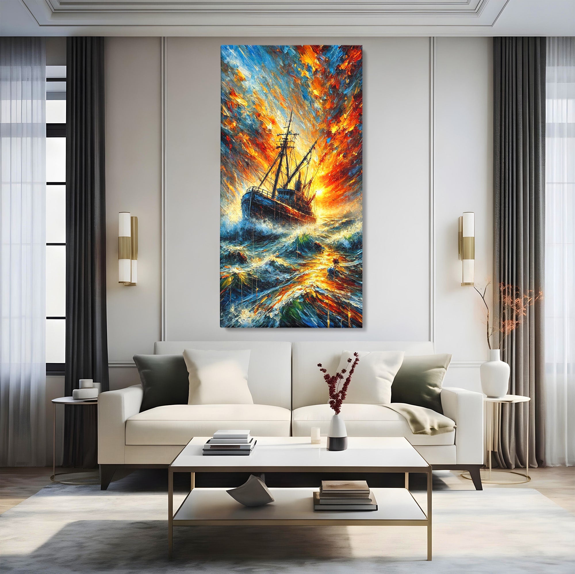 Tablou Canvas Premium LuxCanva® PI1230, Corabie In Furtuna, Nava, Mare, Furtuna, Peisaj Marin, Dramatic, Living, Culori Vibrante