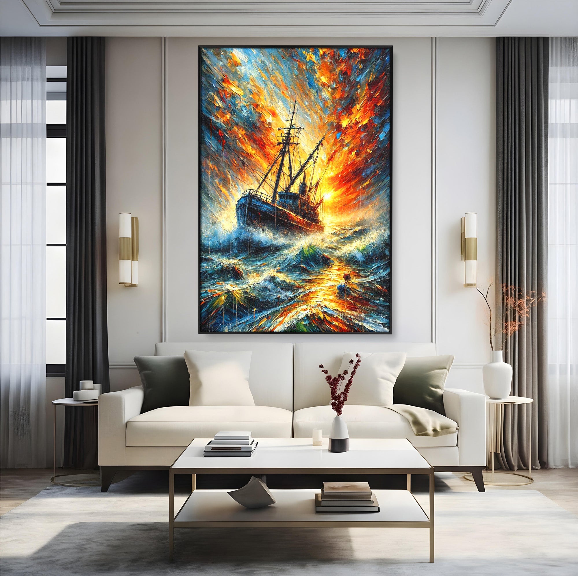 Tablou Canvas Premium LuxCanva® PI1230, Corabie In Furtuna, Nava, Mare, Furtuna, Peisaj Marin, Dramatic, Living, Culori Vibrante
