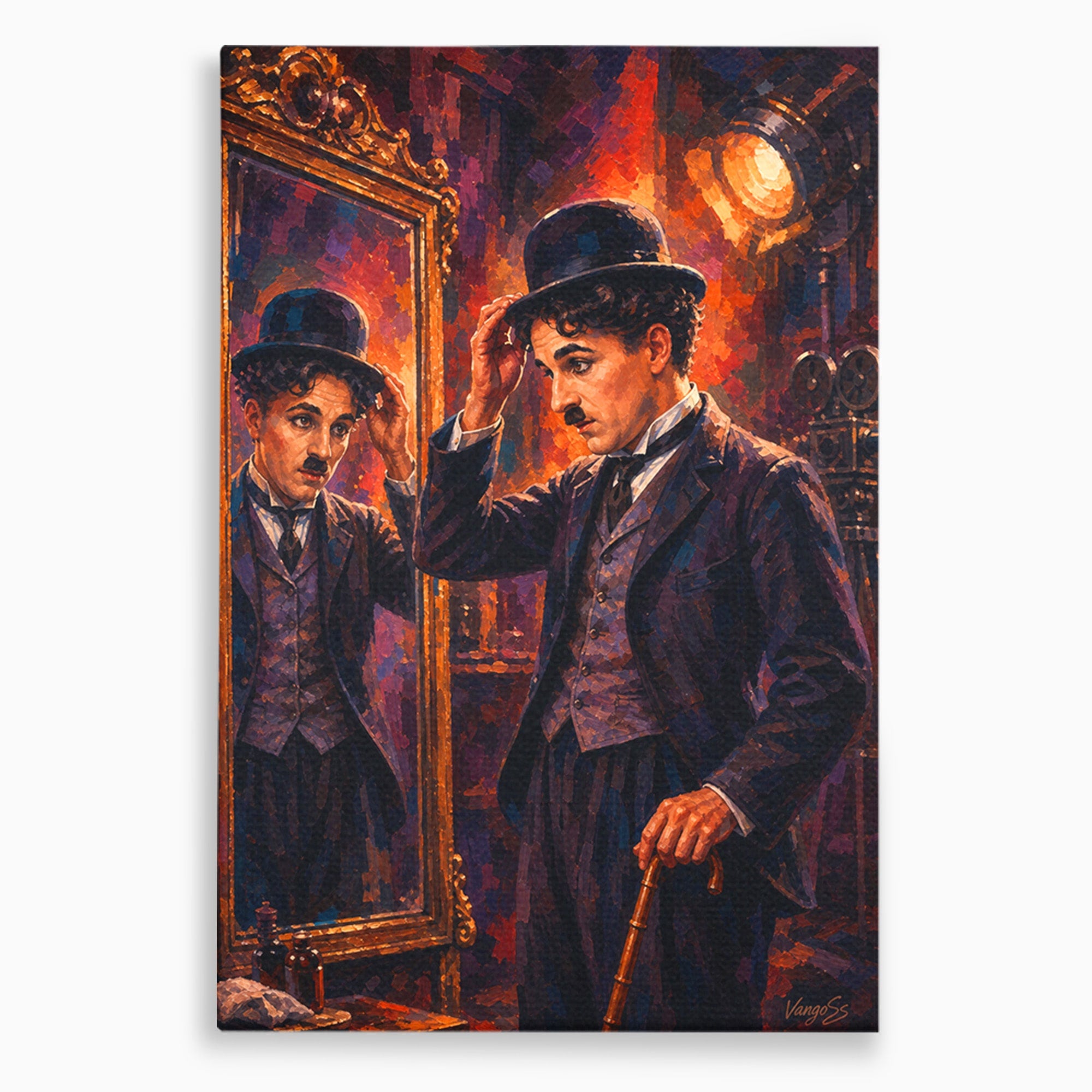Tablou Canvas Premium LuxCanva® PI1231, Reflexia Lui Chaplin, Charlie, Reflexie, Vintage, Living, Portret, Arta, Clasic, Culori Vibrante