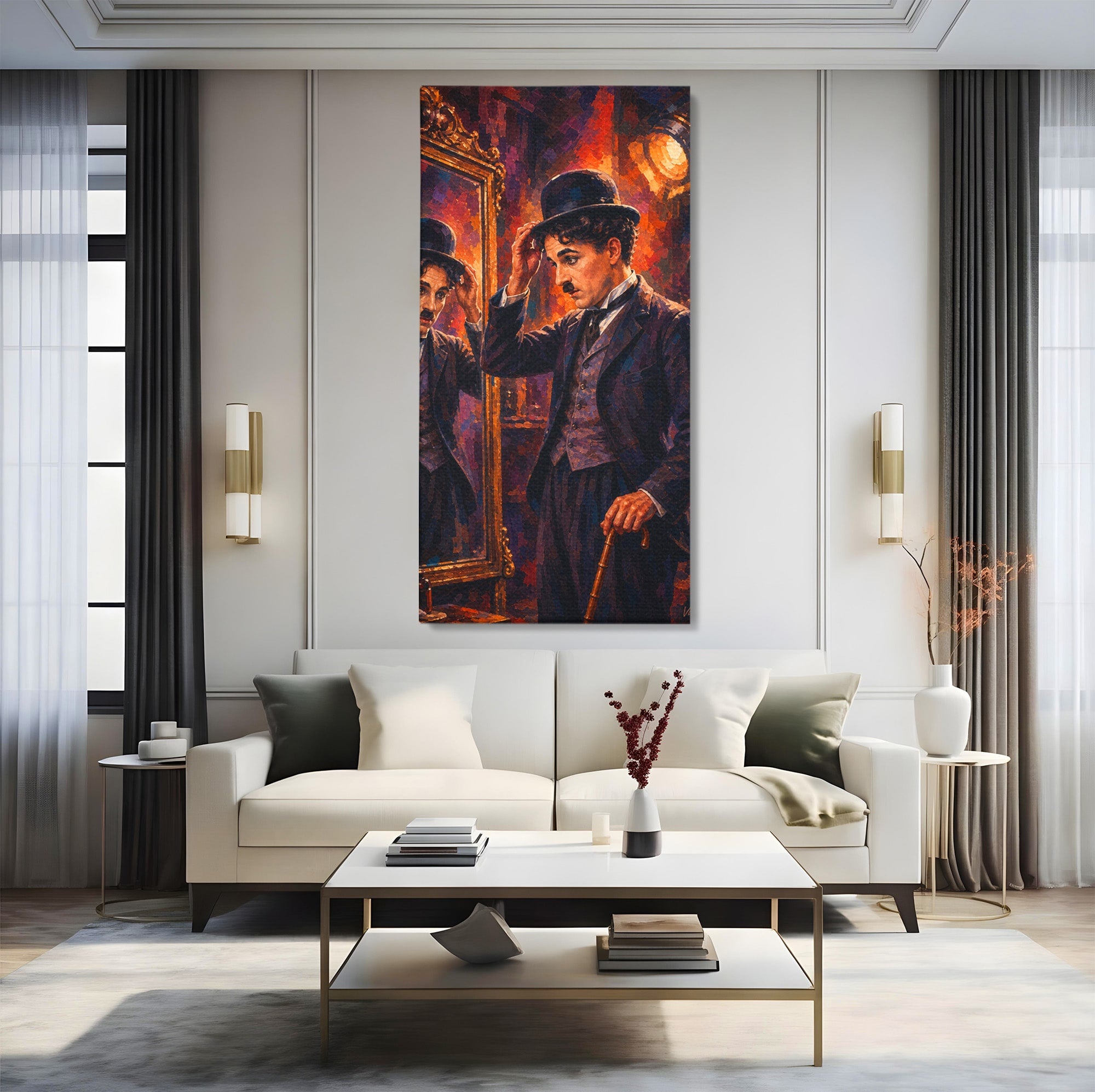 Tablou Canvas Premium LuxCanva® PI1231, Reflexia Lui Chaplin, Charlie, Reflexie, Vintage, Living, Portret, Arta, Clasic, Culori Vibrante
