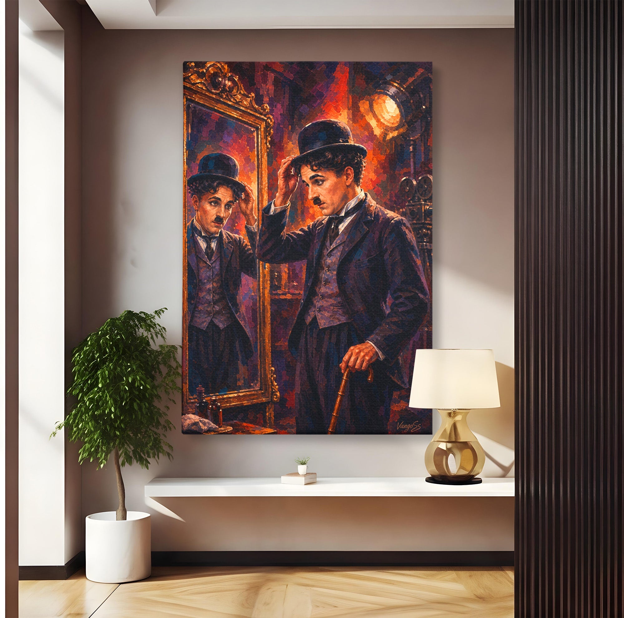 Tablou Canvas Premium LuxCanva® PI1231, Reflexia Lui Chaplin, Charlie, Reflexie, Vintage, Living, Portret, Arta, Clasic, Culori Vibrante