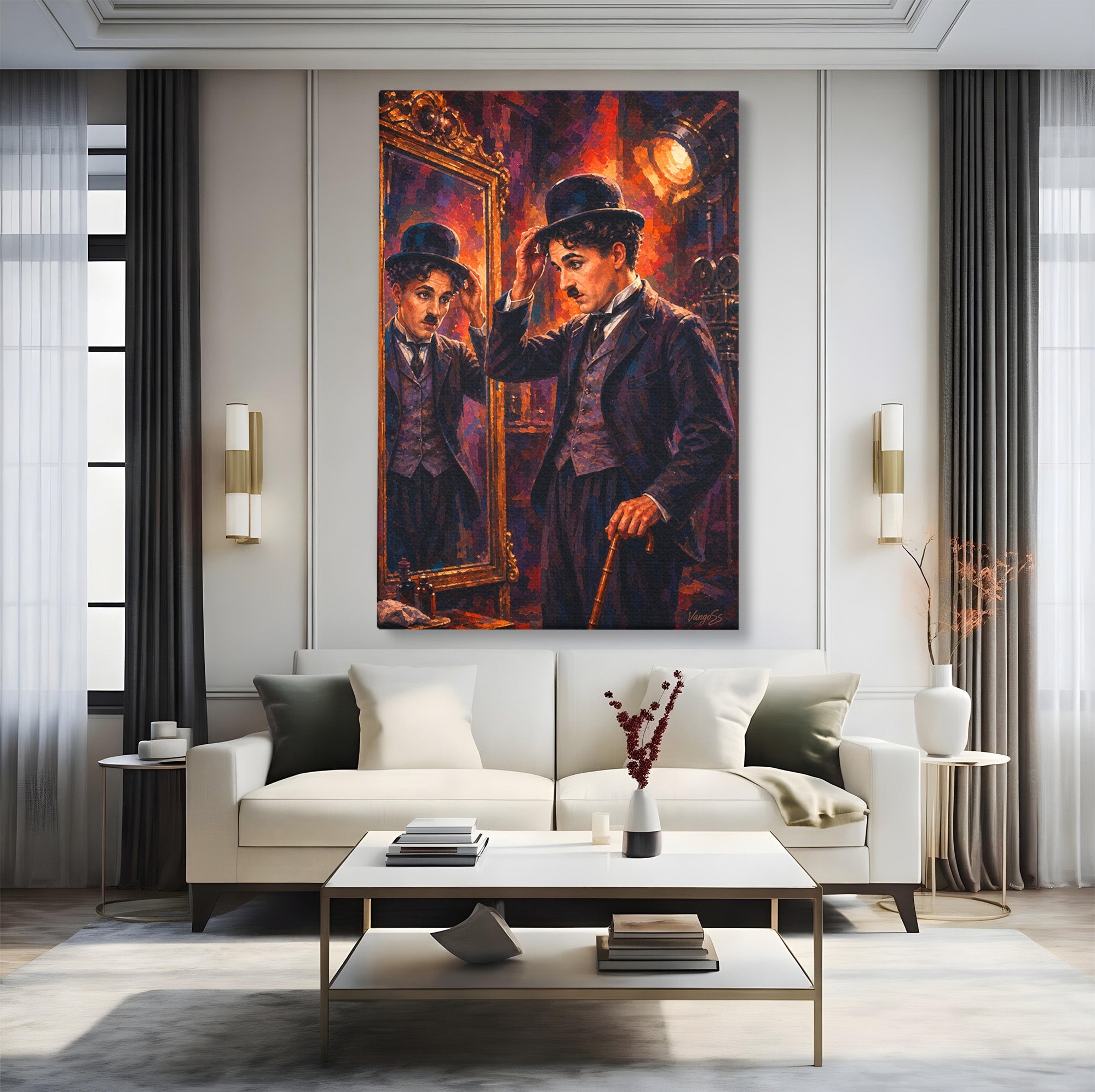 Tablou Canvas Premium LuxCanva® PI1231, Reflexia Lui Chaplin, Charlie, Reflexie, Vintage, Living, Portret, Arta, Clasic, Culori Vibrante