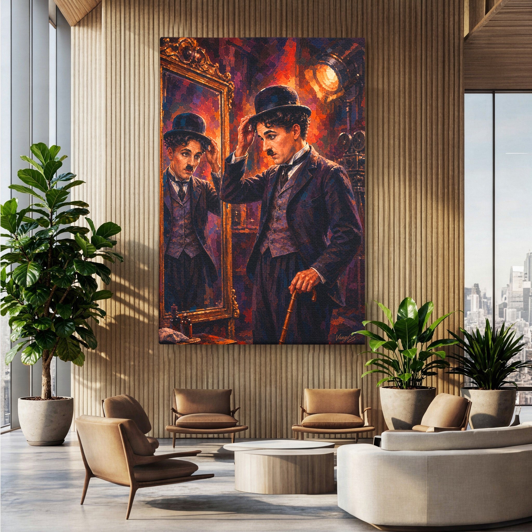 Tablou Canvas Premium LuxCanva® PI1231, Reflexia Lui Chaplin, Charlie, Reflexie, Vintage, Living, Portret, Arta, Clasic, Culori Vibrante