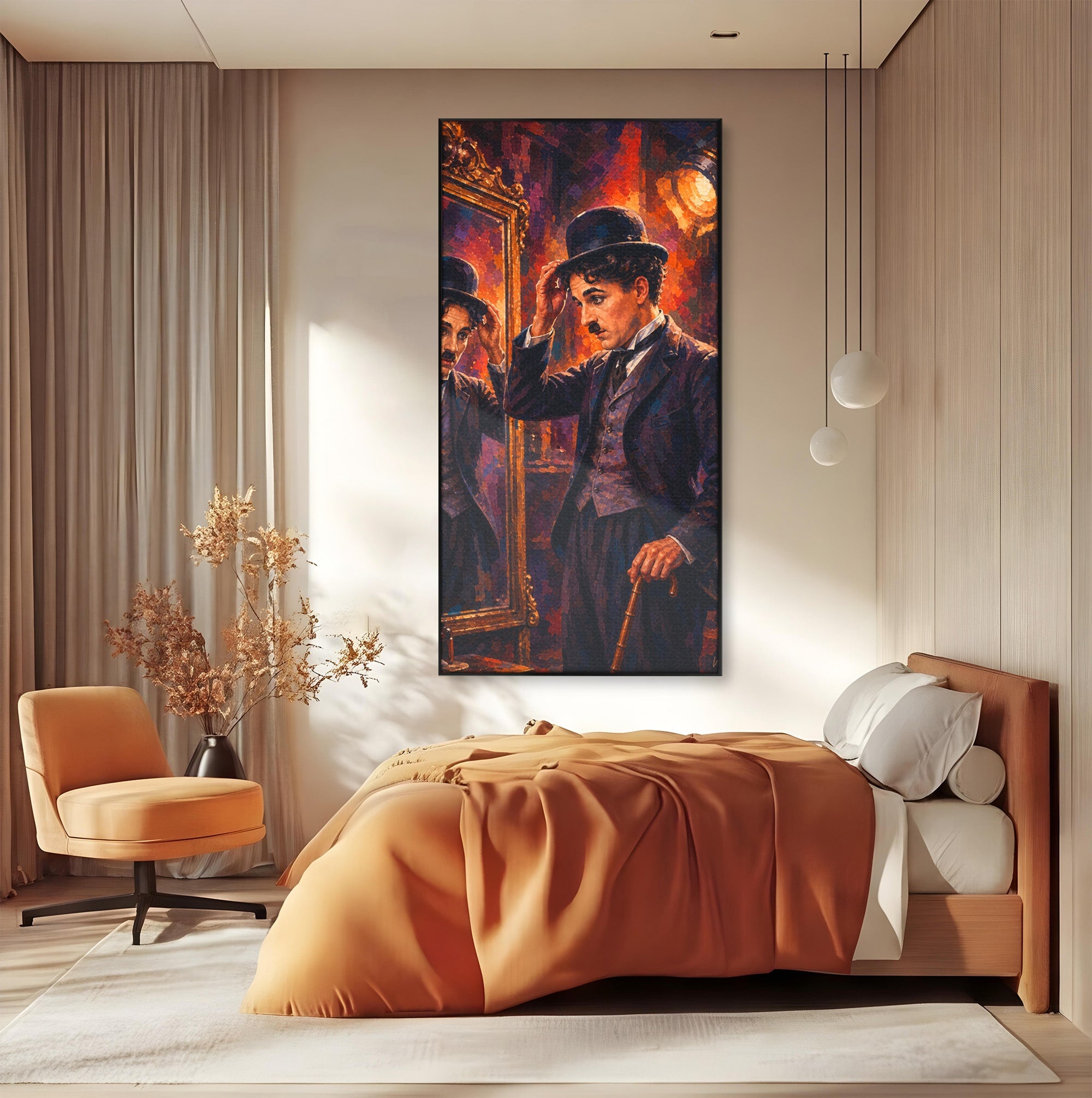 Tablou Canvas Premium LuxCanva® PI1231, Reflexia Lui Chaplin, Charlie, Reflexie, Vintage, Living, Portret, Arta, Clasic, Culori Vibrante