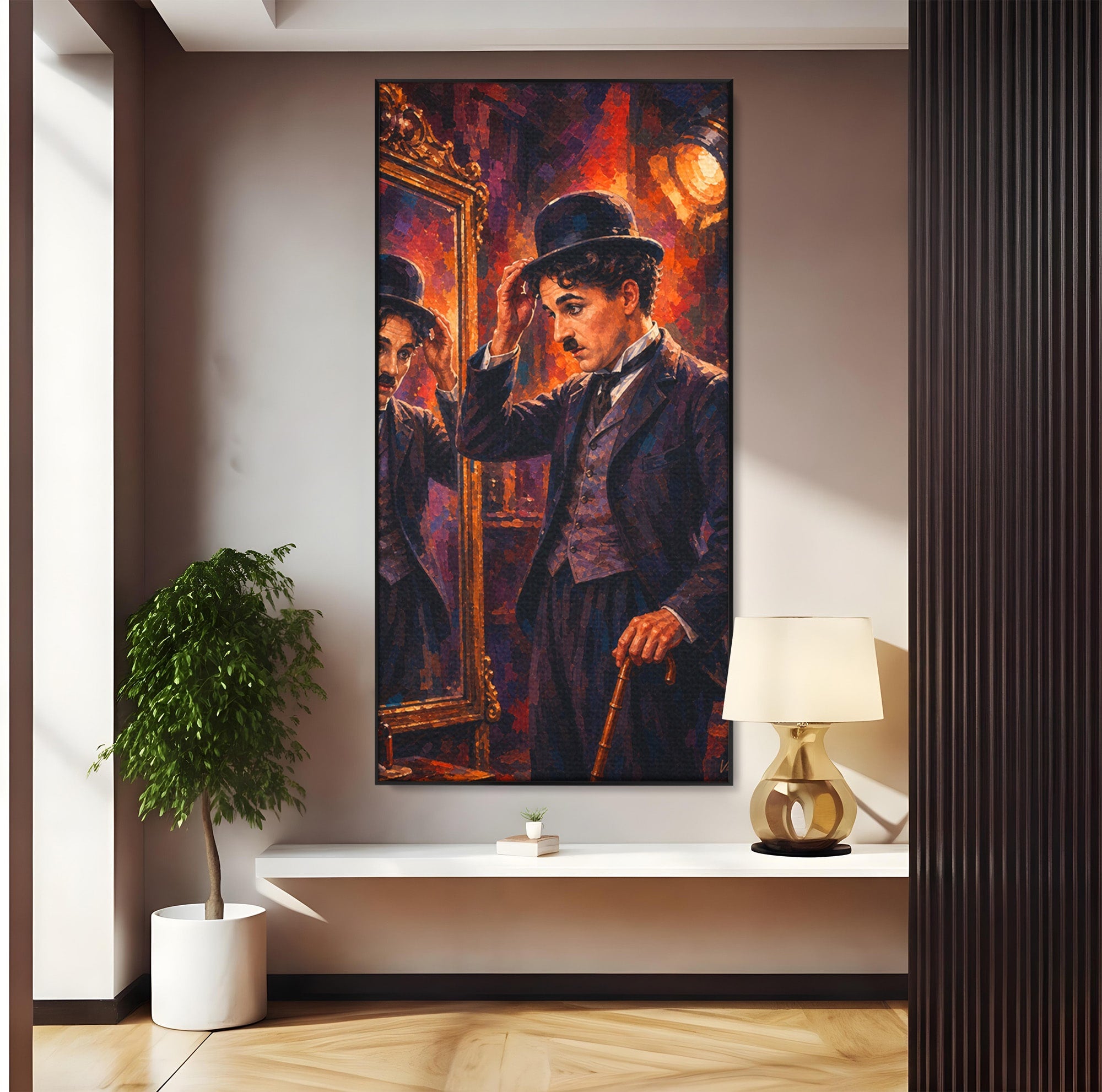 Tablou Canvas Premium LuxCanva® PI1231, Reflexia Lui Chaplin, Charlie, Reflexie, Vintage, Living, Portret, Arta, Clasic, Culori Vibrante