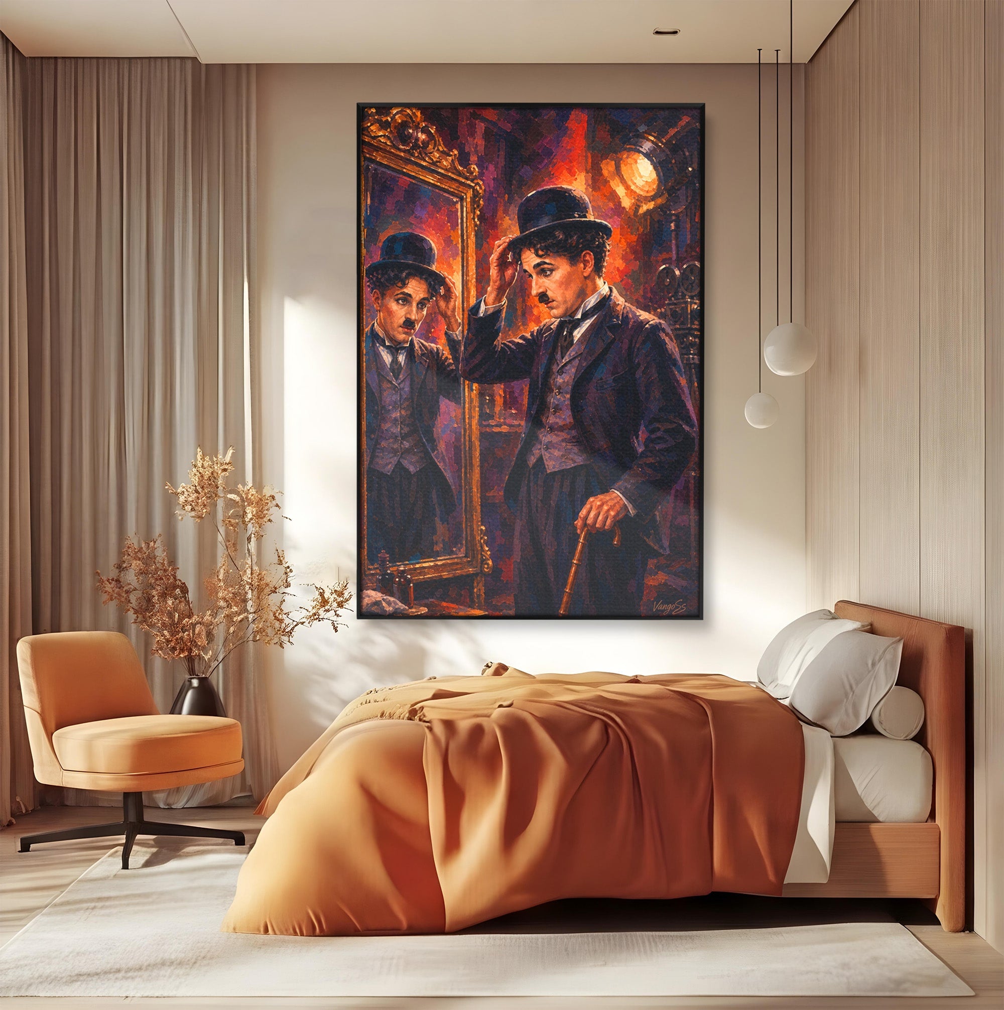 Tablou Canvas Premium LuxCanva® PI1231, Reflexia Lui Chaplin, Charlie, Reflexie, Vintage, Living, Portret, Arta, Clasic, Culori Vibrante