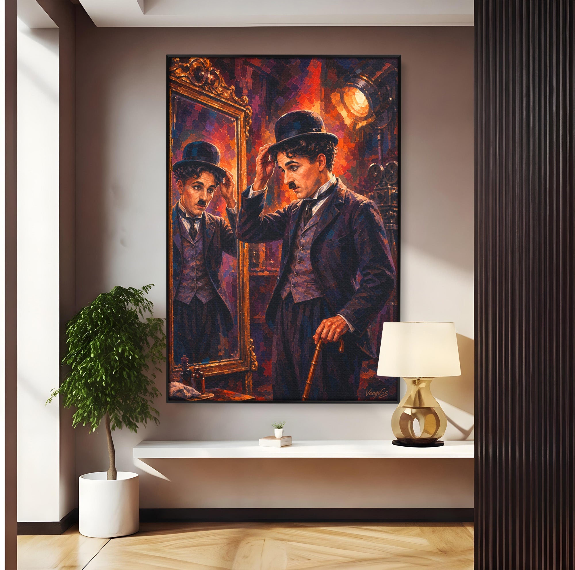 Tablou Canvas Premium LuxCanva® PI1231, Reflexia Lui Chaplin, Charlie, Reflexie, Vintage, Living, Portret, Arta, Clasic, Culori Vibrante