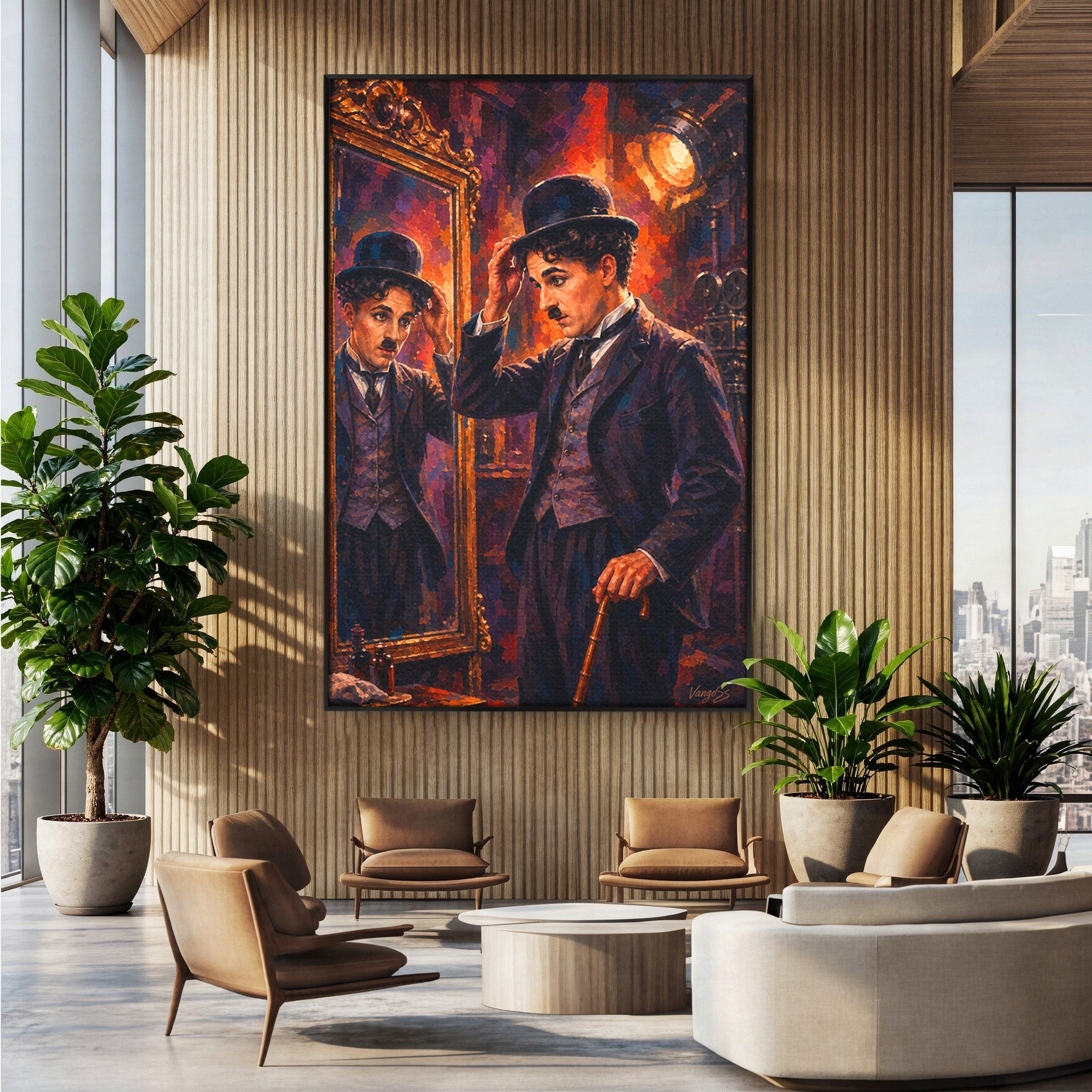 Tablou Canvas Premium LuxCanva® PI1231, Reflexia Lui Chaplin, Charlie, Reflexie, Vintage, Living, Portret, Arta, Clasic, Culori Vibrante