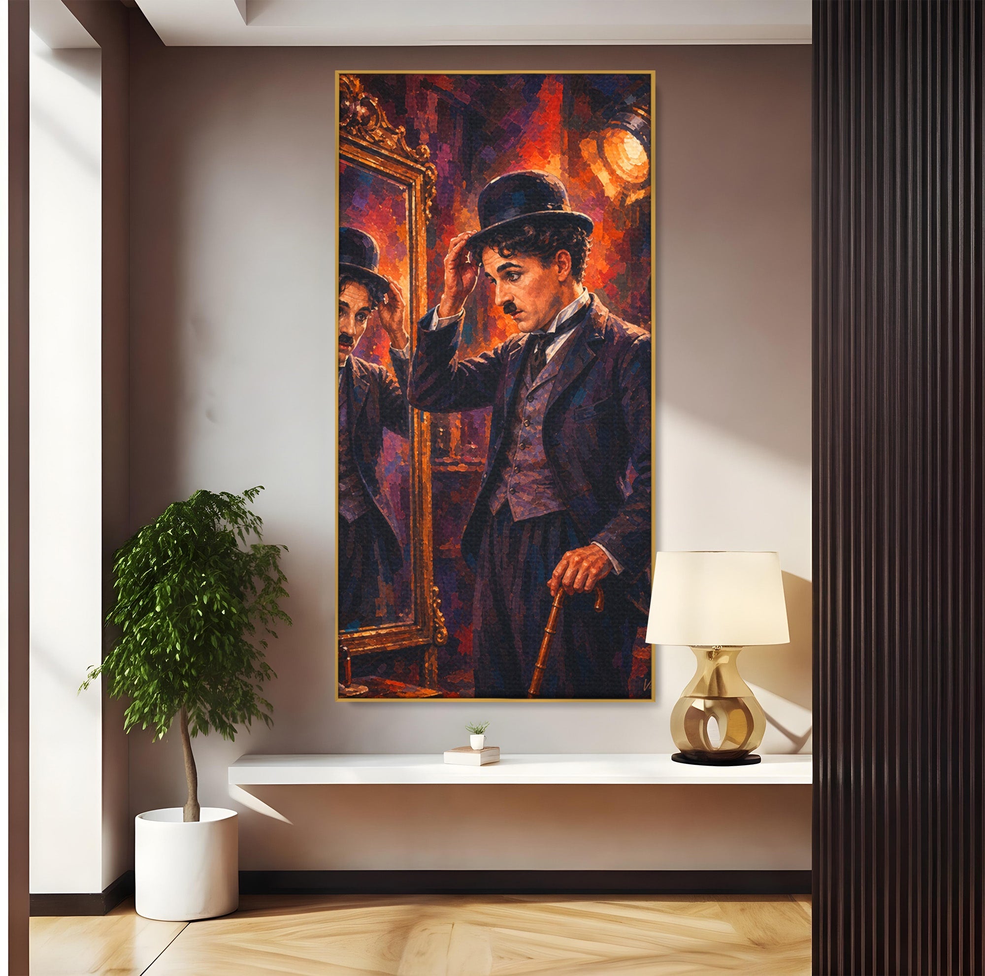 Tablou Canvas Premium LuxCanva® PI1231, Reflexia Lui Chaplin, Charlie, Reflexie, Vintage, Living, Portret, Arta, Clasic, Culori Vibrante
