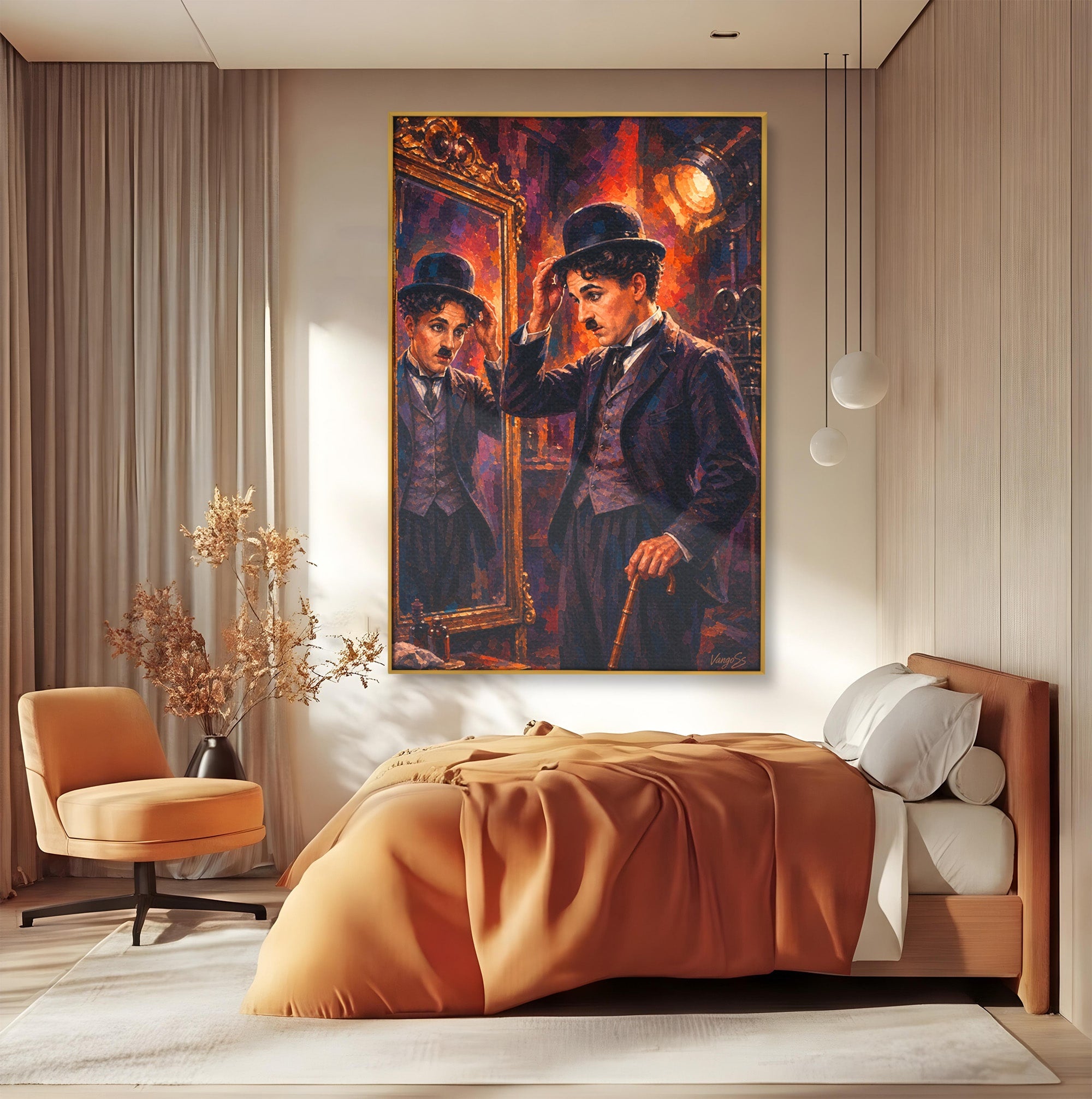 Tablou Canvas Premium LuxCanva® PI1231, Reflexia Lui Chaplin, Charlie, Reflexie, Vintage, Living, Portret, Arta, Clasic, Culori Vibrante
