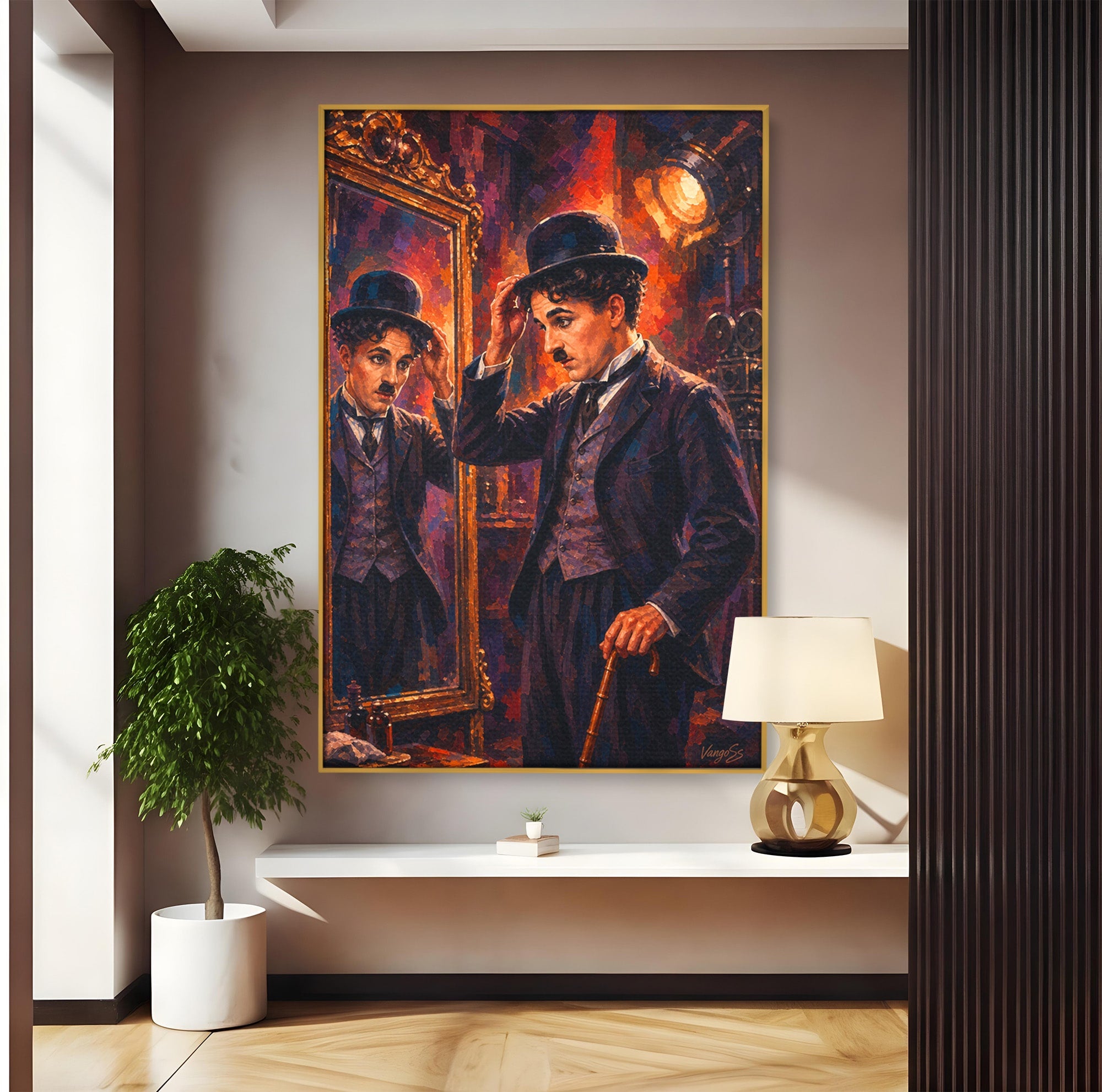 Tablou Canvas Premium LuxCanva® PI1231, Reflexia Lui Chaplin, Charlie, Reflexie, Vintage, Living, Portret, Arta, Clasic, Culori Vibrante