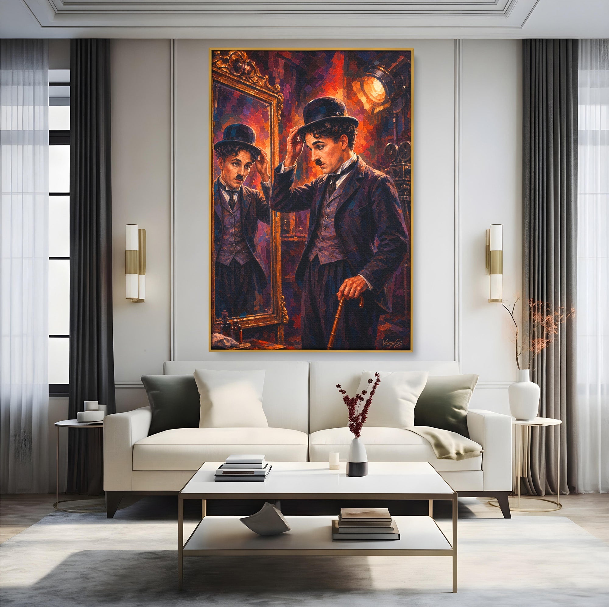 Tablou Canvas Premium LuxCanva® PI1231, Reflexia Lui Chaplin, Charlie, Reflexie, Vintage, Living, Portret, Arta, Clasic, Culori Vibrante
