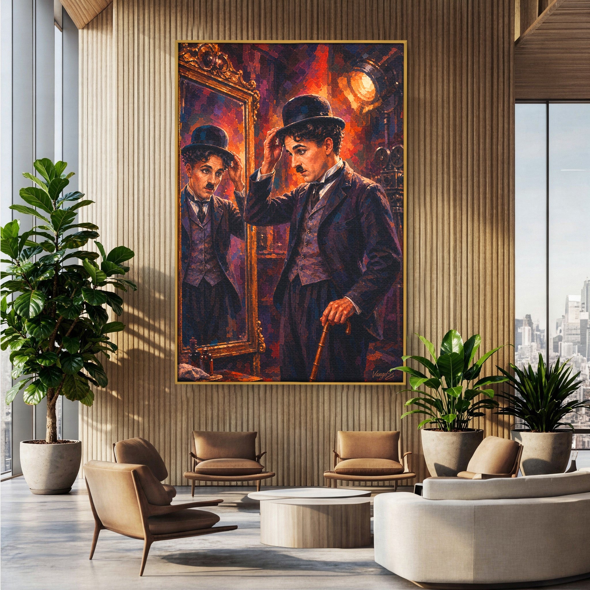Tablou Canvas Premium LuxCanva® PI1231, Reflexia Lui Chaplin, Charlie, Reflexie, Vintage, Living, Portret, Arta, Clasic, Culori Vibrante
