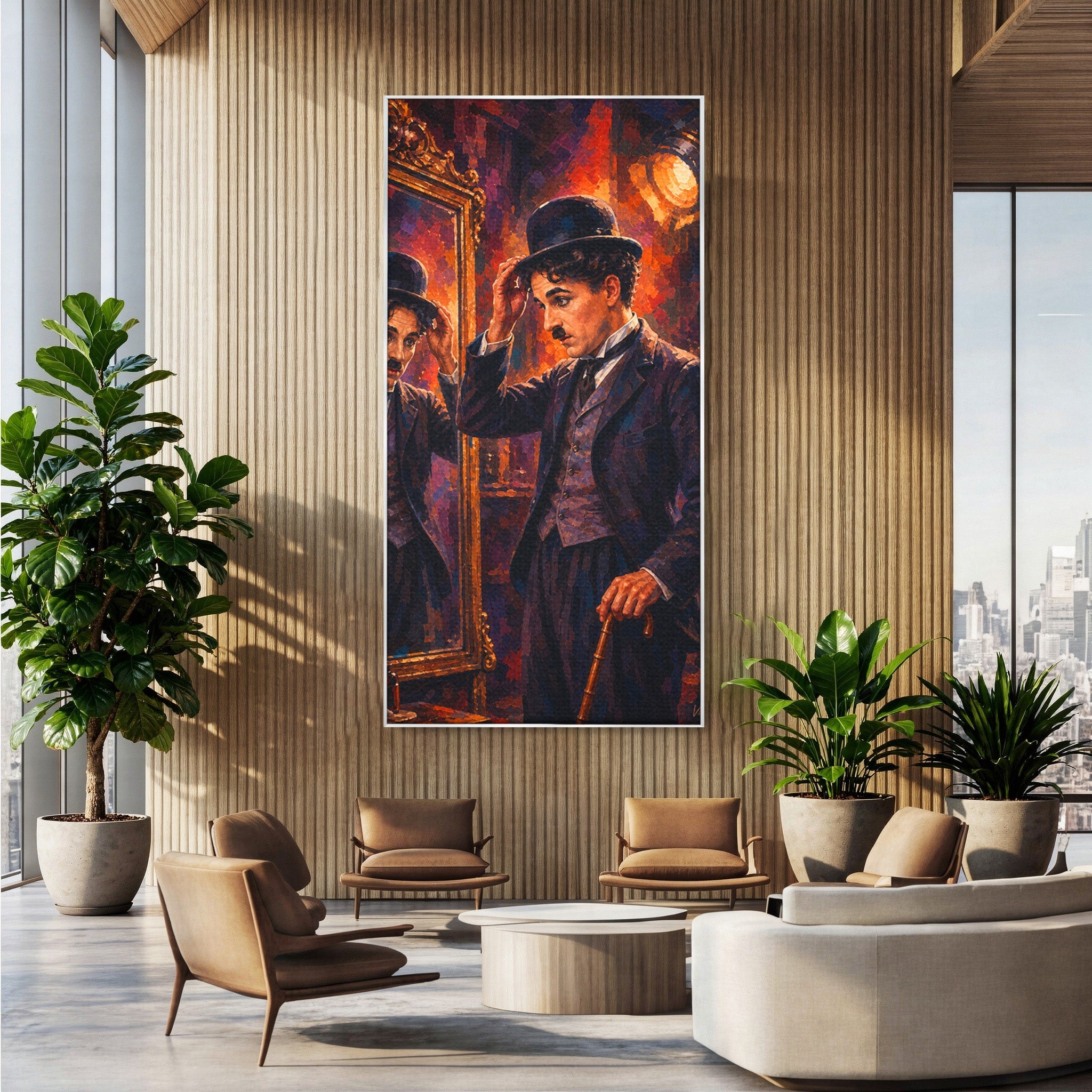 Tablou Canvas Premium LuxCanva® PI1231, Reflexia Lui Chaplin, Charlie, Reflexie, Vintage, Living, Portret, Arta, Clasic, Culori Vibrante