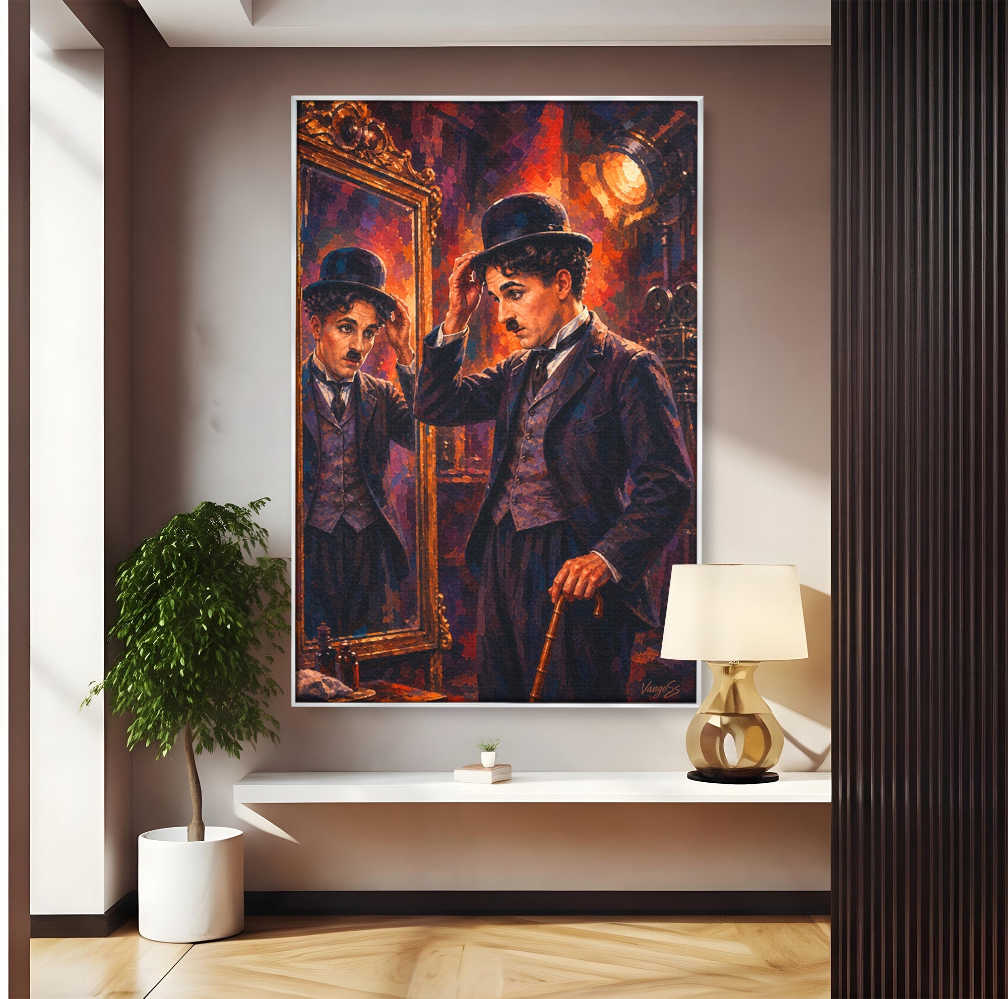 Tablou Canvas Premium LuxCanva® PI1231, Reflexia Lui Chaplin, Charlie, Reflexie, Vintage, Living, Portret, Arta, Clasic, Culori Vibrante