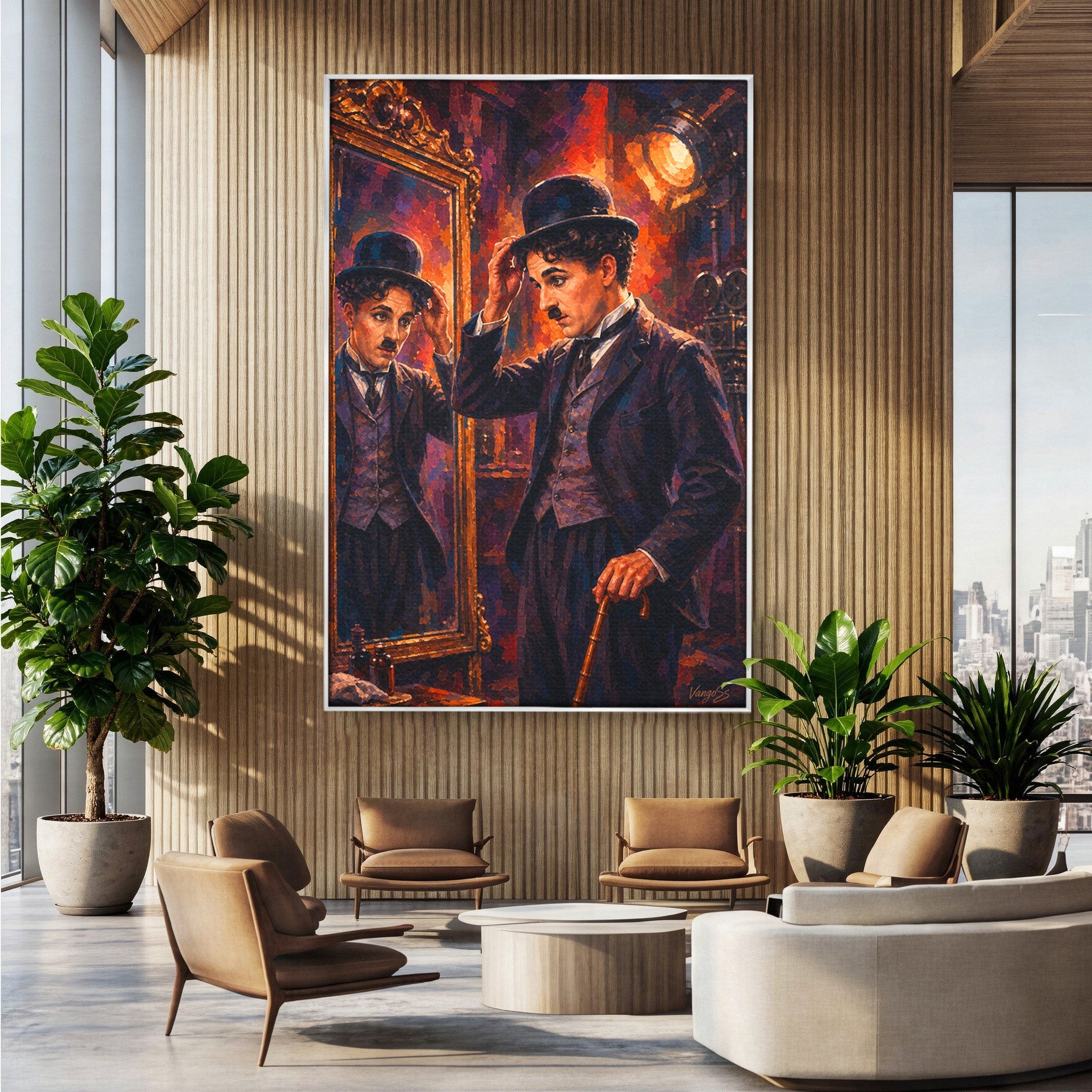 Tablou Canvas Premium LuxCanva® PI1231, Reflexia Lui Chaplin, Charlie, Reflexie, Vintage, Living, Portret, Arta, Clasic, Culori Vibrante