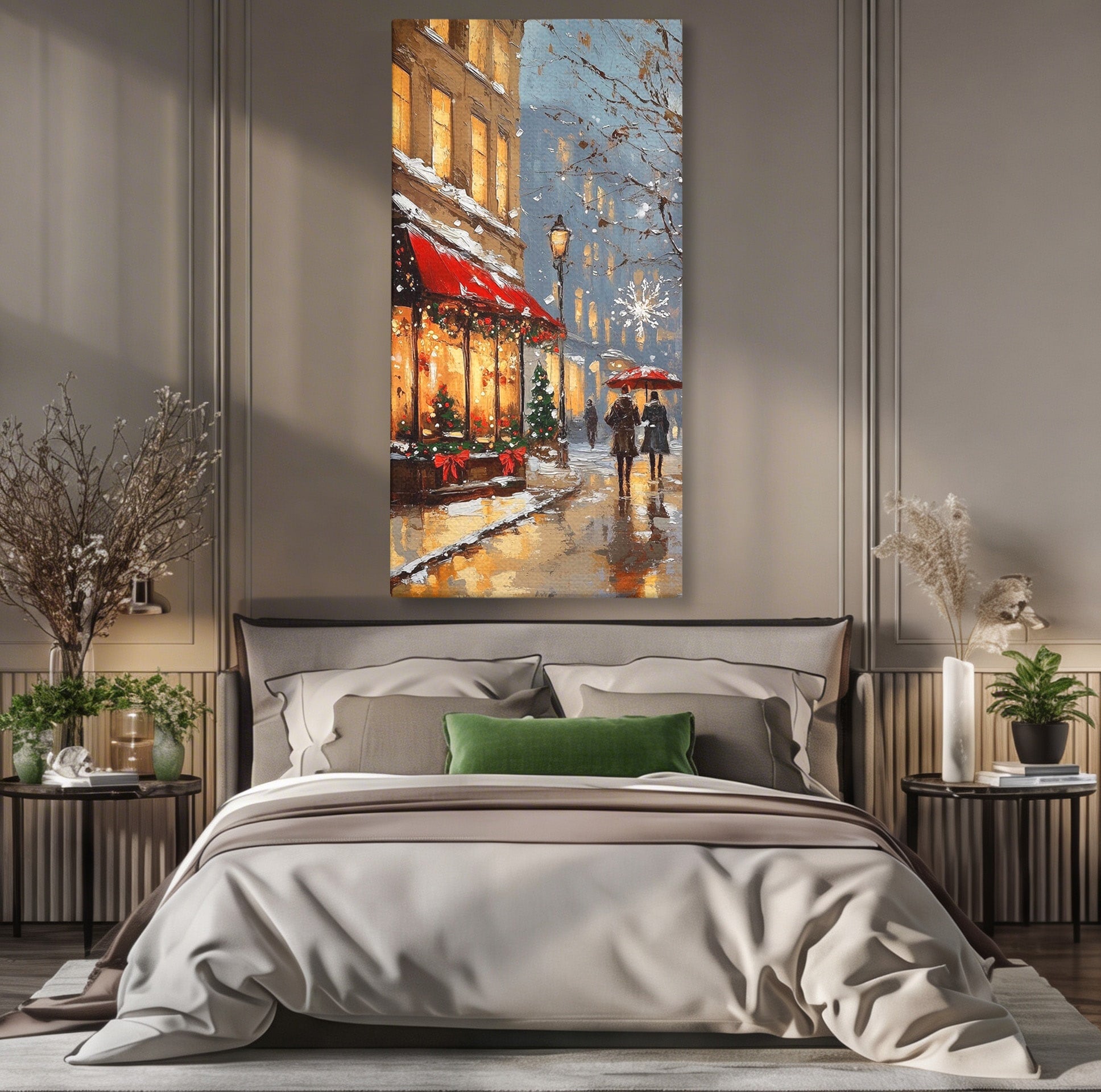 Tablou Canvas Premium LuxCanva® PI1233, Iarna In Oras, Anotimp, Strazi, Cuplu, Living, Romantic, Strada, Culori Vibrante