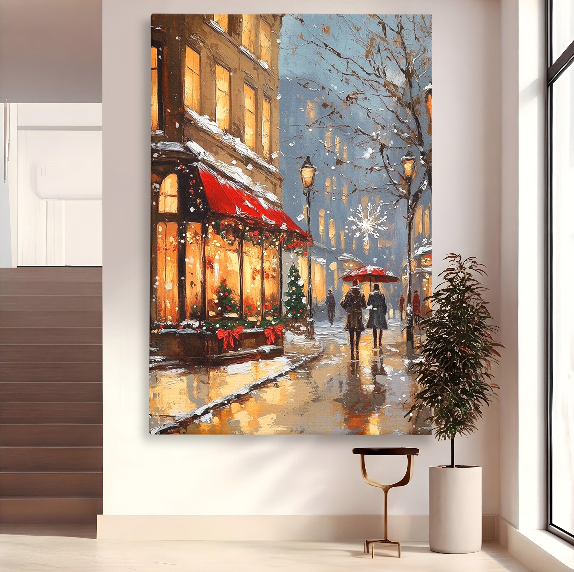 Tablou Canvas Premium LuxCanva® PI1233, Iarna In Oras, Anotimp, Strazi, Cuplu, Living, Romantic, Strada, Culori Vibrante