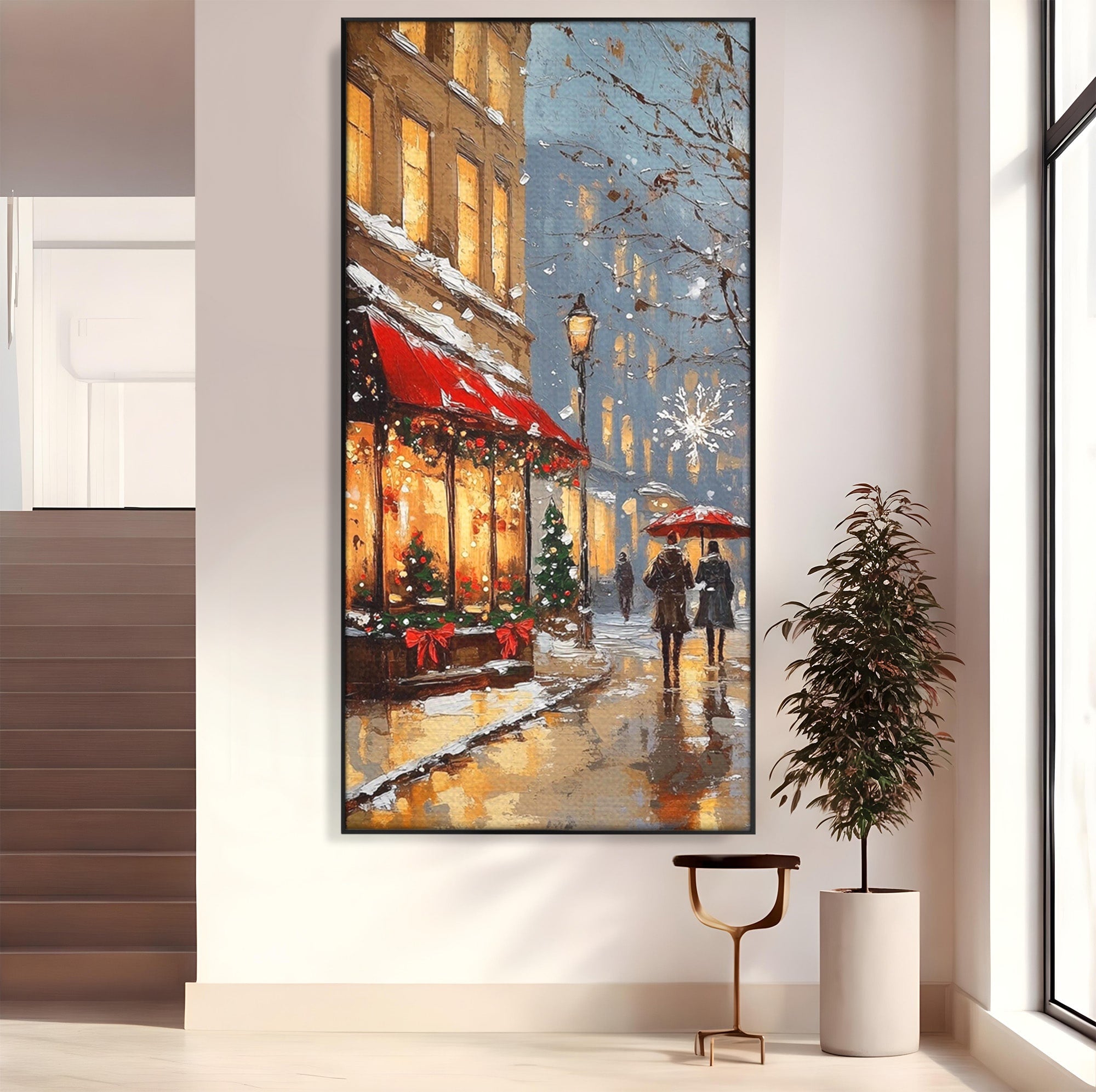 Tablou Canvas Premium LuxCanva® PI1233, Iarna In Oras, Anotimp, Strazi, Cuplu, Living, Romantic, Strada, Culori Vibrante