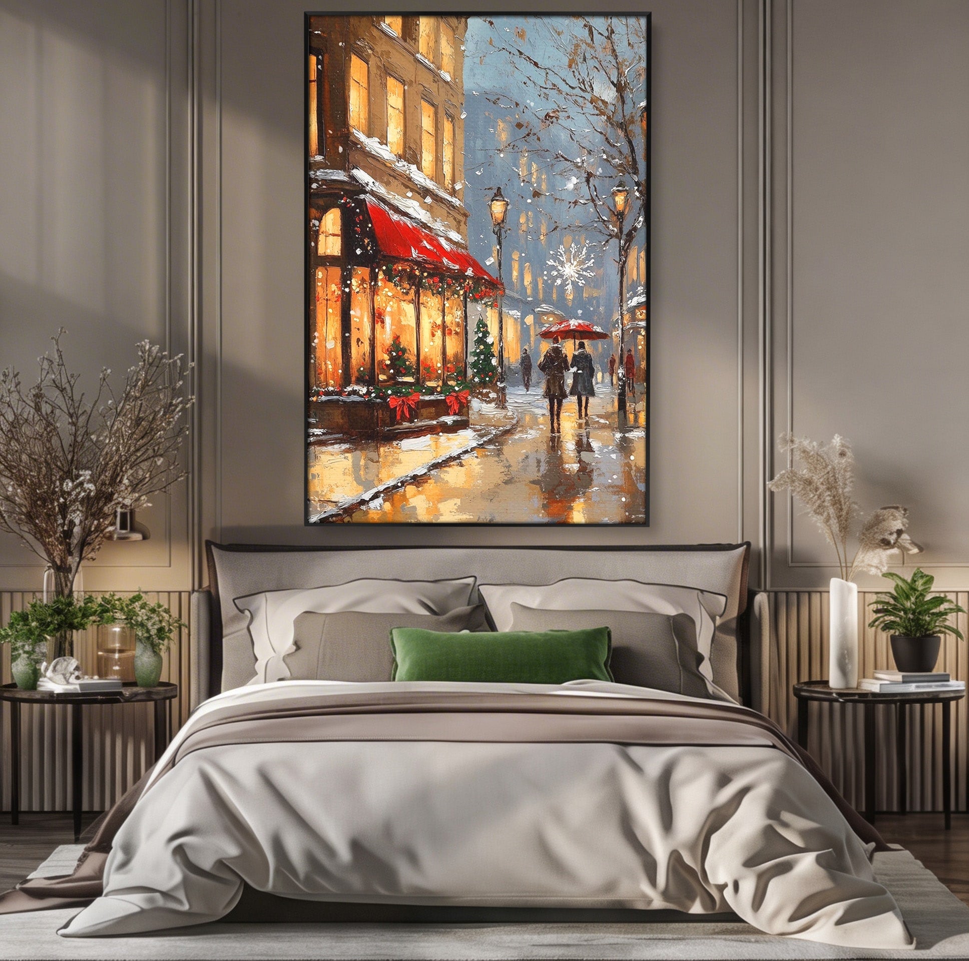 Tablou Canvas Premium LuxCanva® PI1233, Iarna In Oras, Anotimp, Strazi, Cuplu, Living, Romantic, Strada, Culori Vibrante