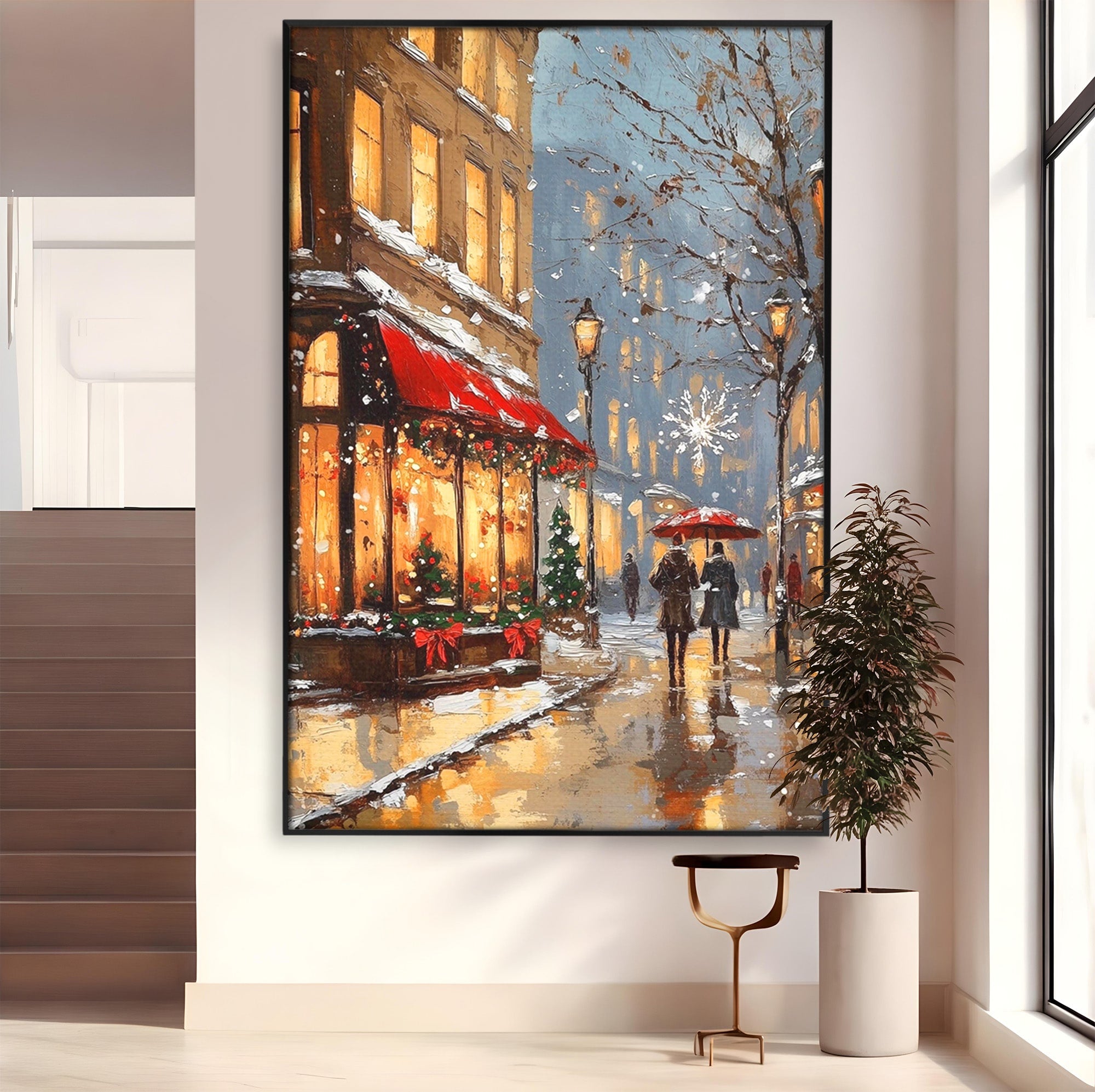 Tablou Canvas Premium LuxCanva® PI1233, Iarna In Oras, Anotimp, Strazi, Cuplu, Living, Romantic, Strada, Culori Vibrante