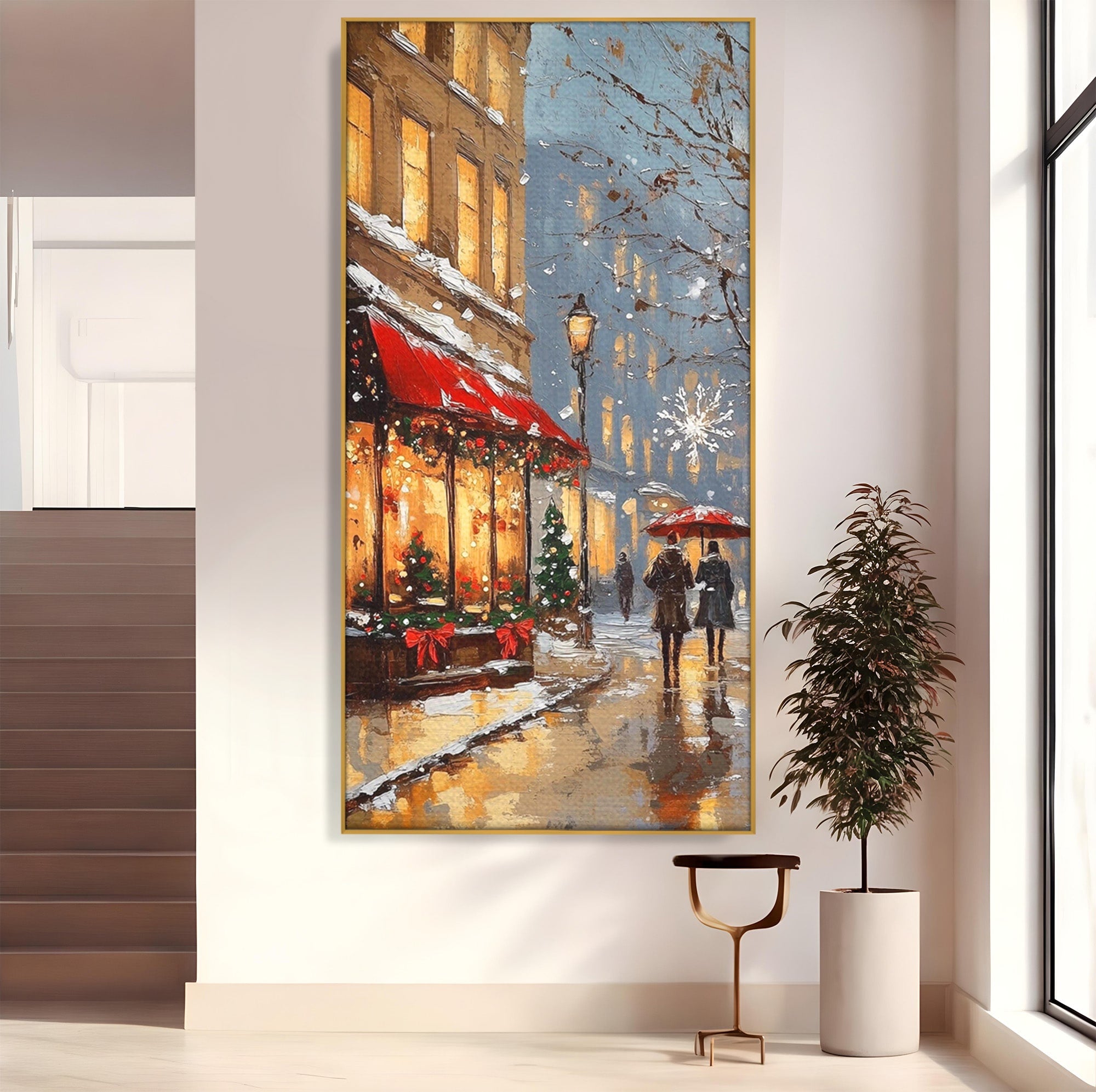 Tablou Canvas Premium LuxCanva® PI1233, Iarna In Oras, Anotimp, Strazi, Cuplu, Living, Romantic, Strada, Culori Vibrante