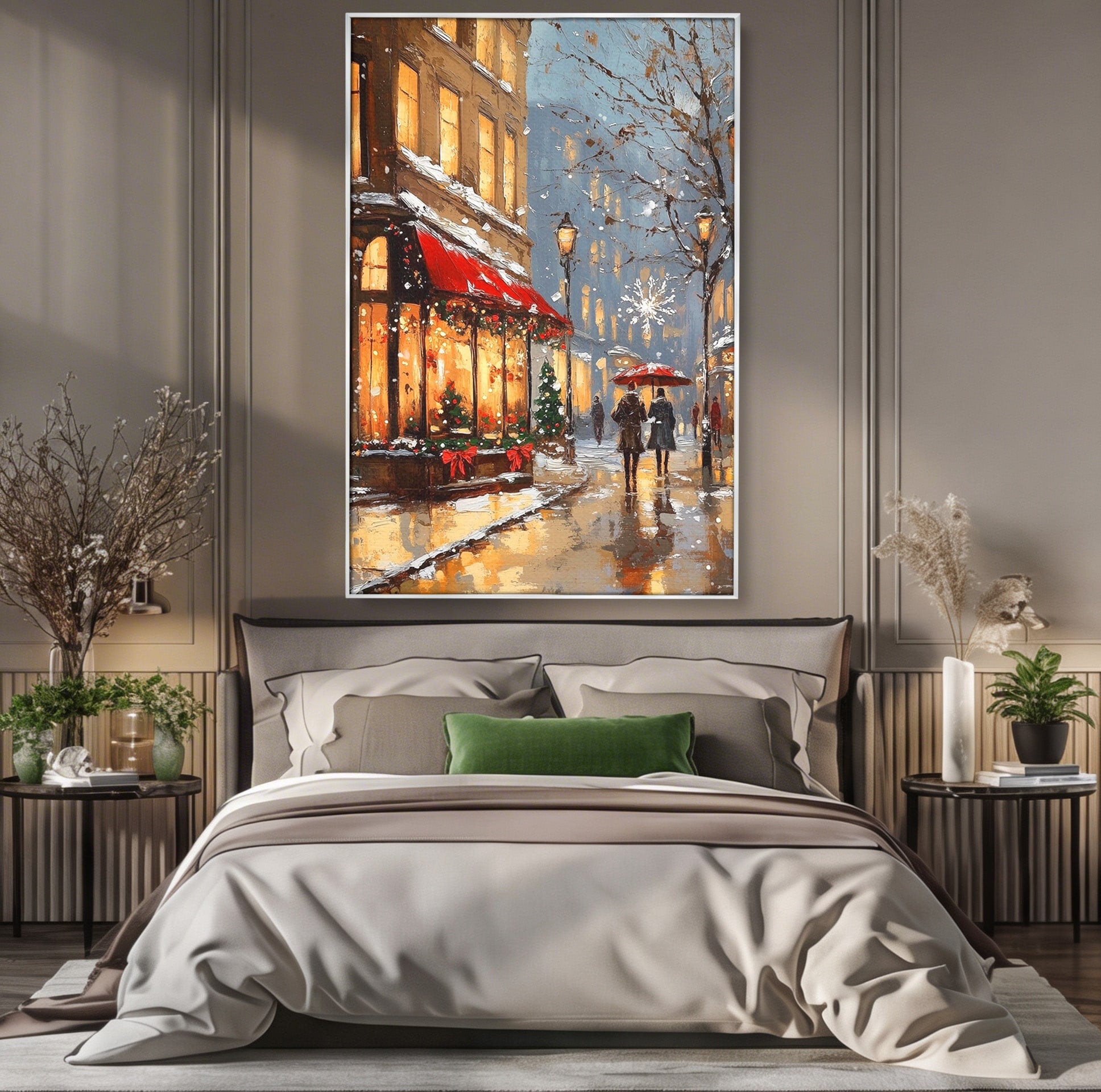 Tablou Canvas Premium LuxCanva® PI1233, Iarna In Oras, Anotimp, Strazi, Cuplu, Living, Romantic, Strada, Culori Vibrante