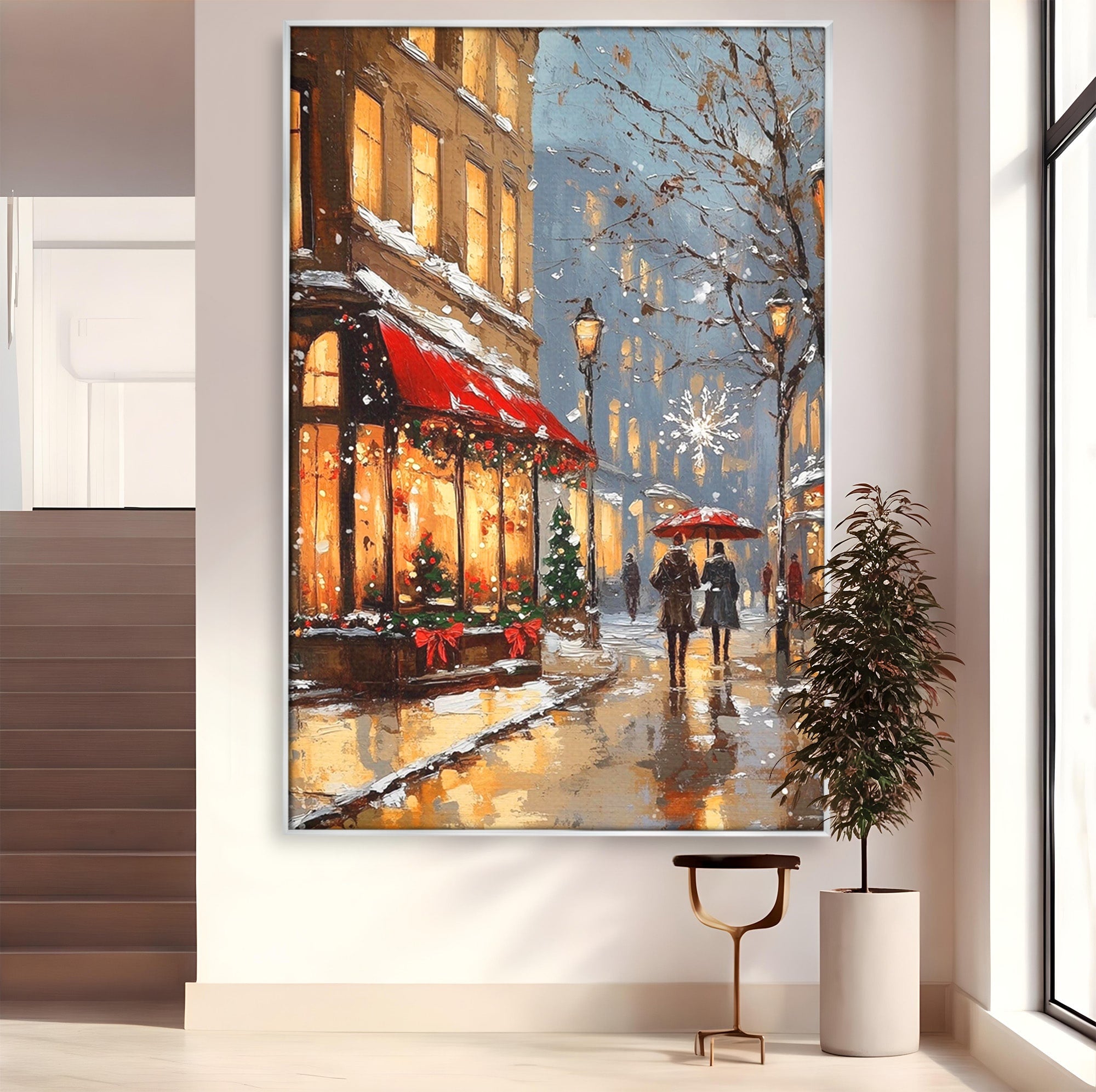 Tablou Canvas Premium LuxCanva® PI1233, Iarna In Oras, Anotimp, Strazi, Cuplu, Living, Romantic, Strada, Culori Vibrante