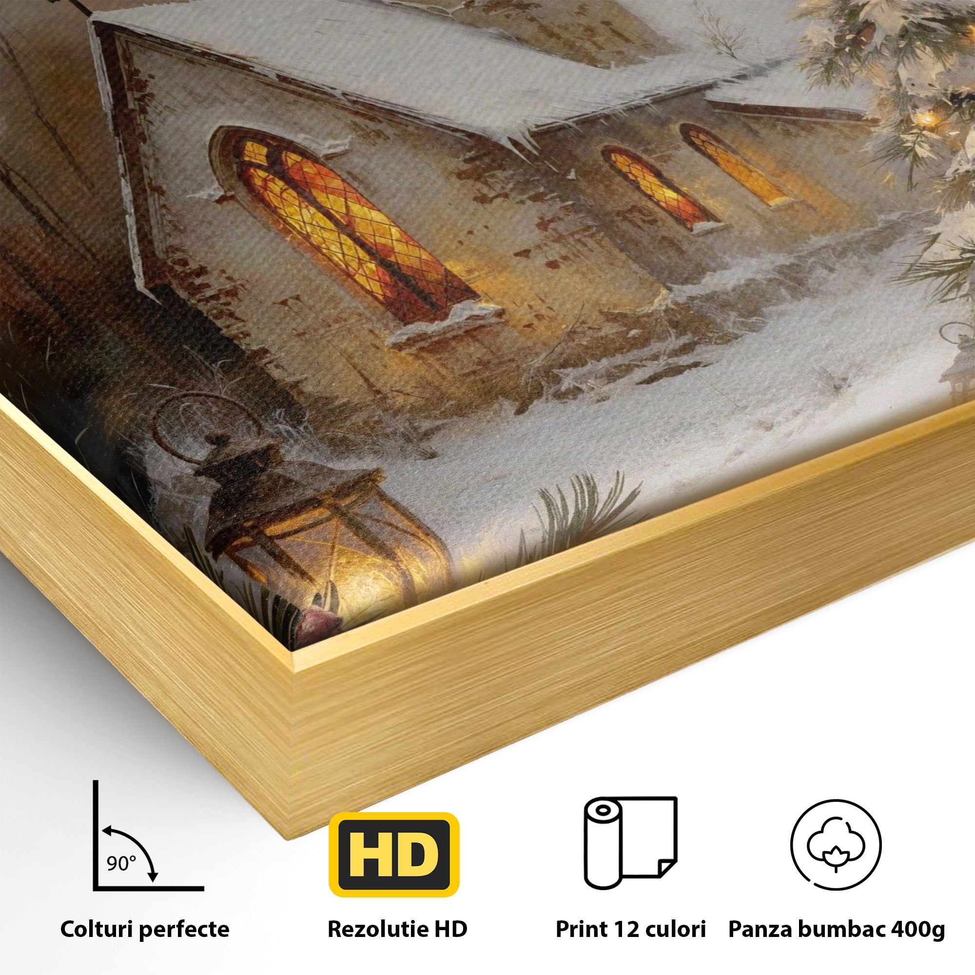 Tablou Canvas Premium LuxCanva® PI1234, Biserica De Craciun,Lacas, Iarna, Craciun, Peisaj, Living, Dormitor, Culori Vibrante